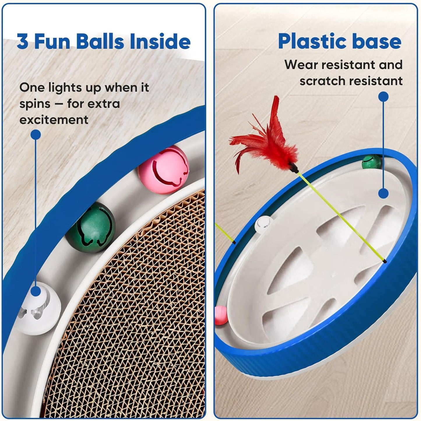 20-Inch Round Cat Scratcher with Ball Track – 3-in-1 Cardboard Scratching Pad with Feather Toy & Non-Slip Base – Interactive Cat Toy for Indoor Cats, Kittens & Large Cats (Blue)