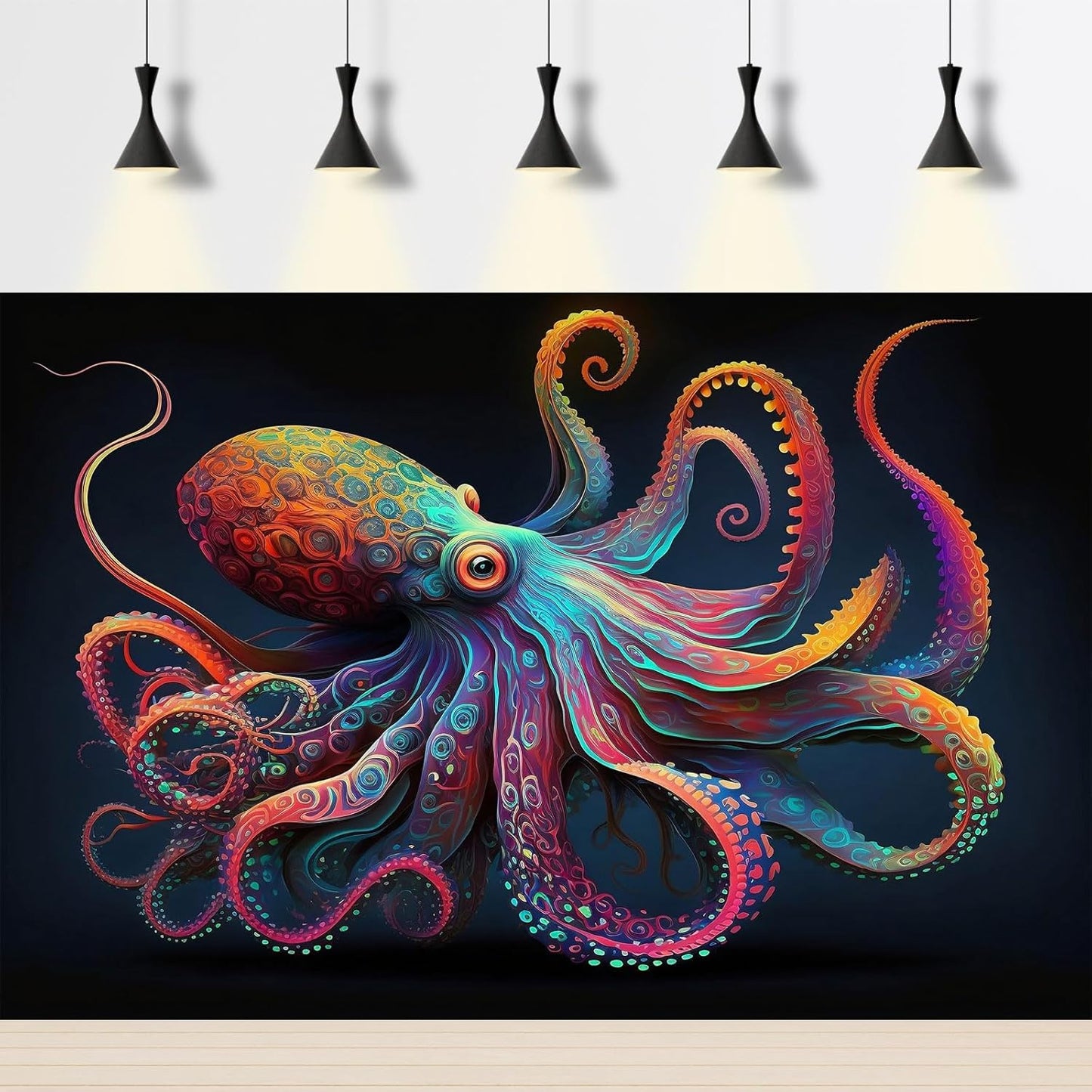 Exquisite Octopus Aquarium Background Abstract Colorful Octopus Terrarium Background Glowing Octopus on Black Background Fish Tank Backdrop Octopus Backdrops Poster Wallpaper Decors Vinyl 30x12in