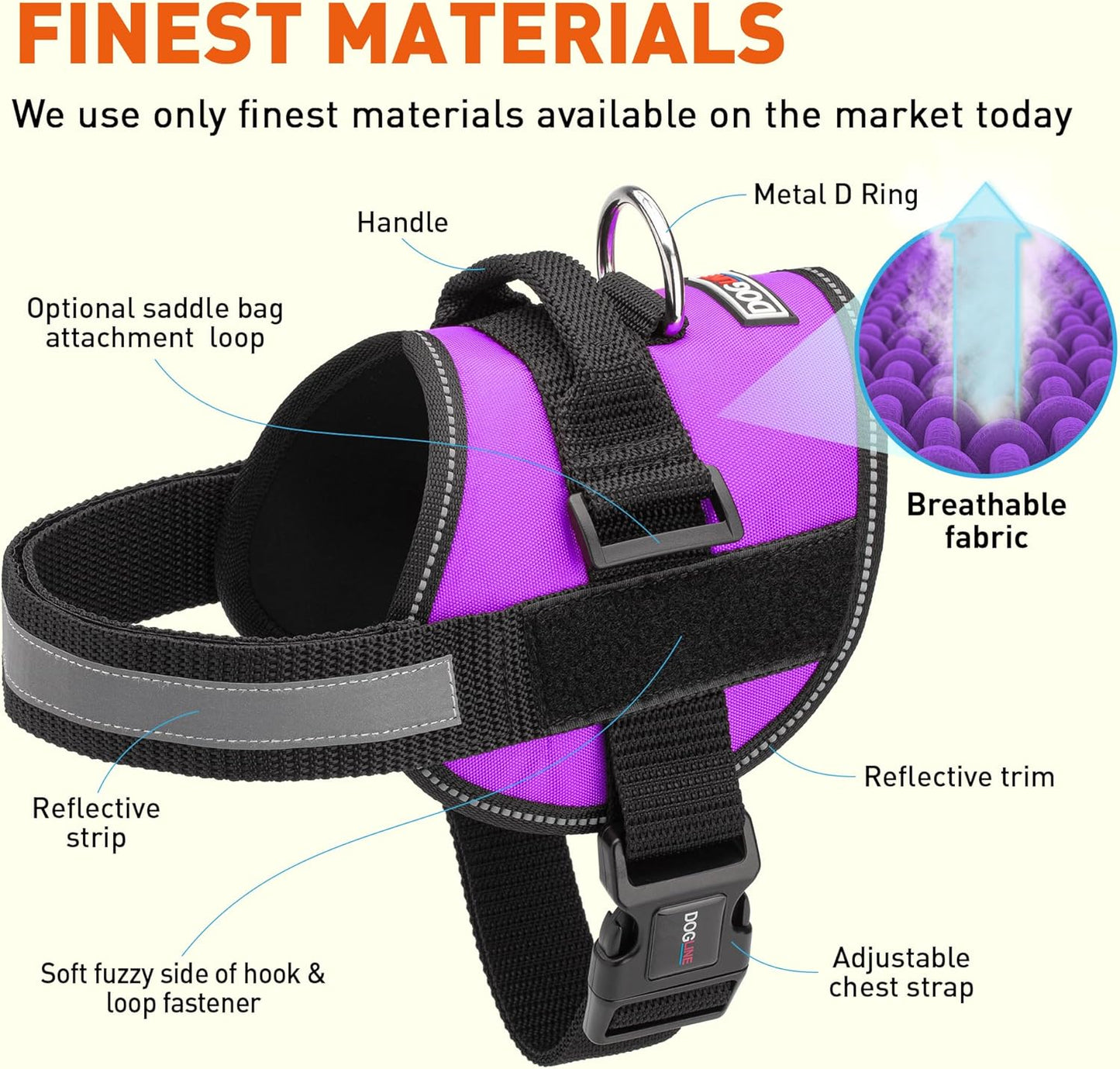 Dogline Dog Harness, Reflective No-Pull Adjustable Vest with Handle, Breathable No-Choke Harness for Small, Medium or Large Dogs Room for Patches Girth 18 to 24 in Purple