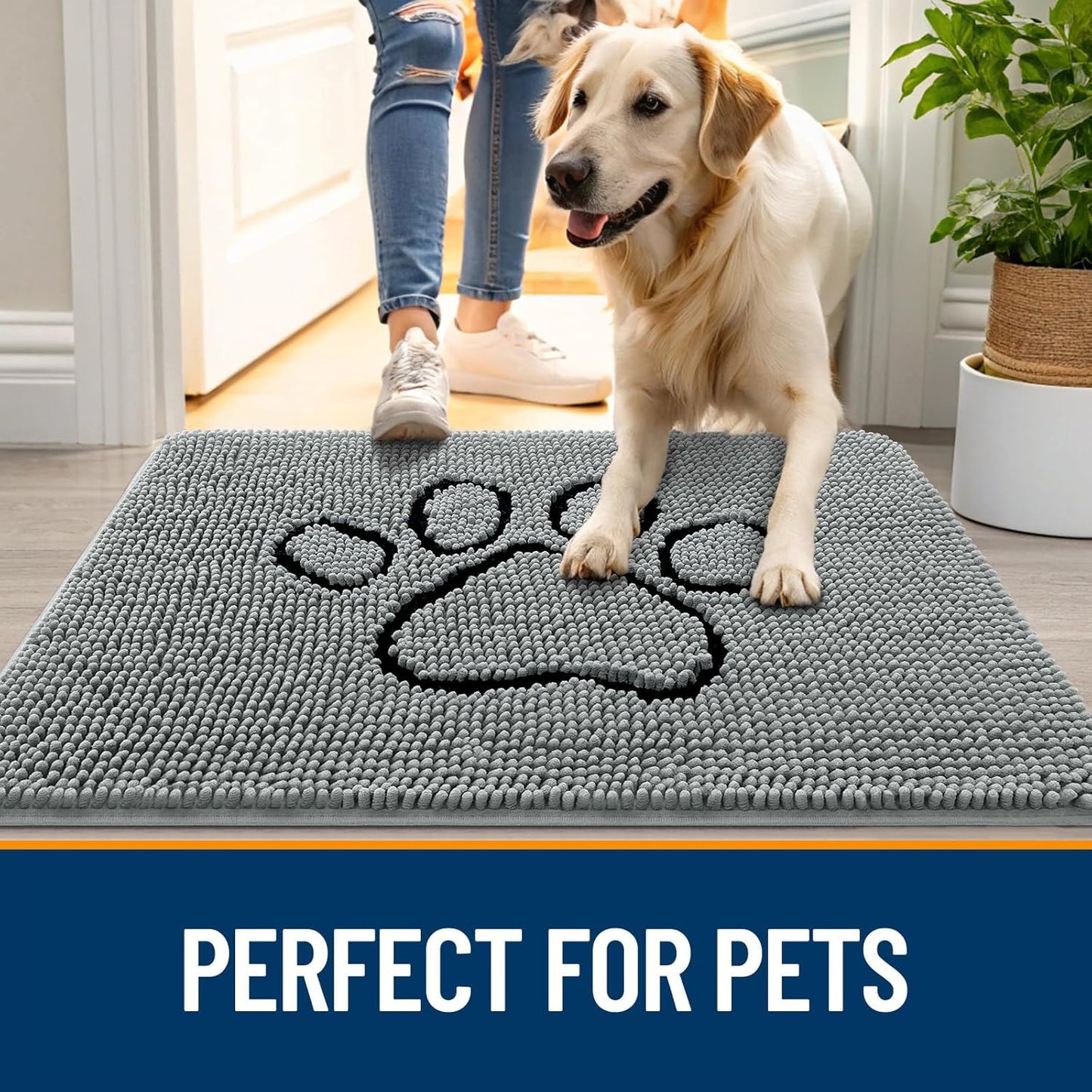 OLANLY Door Mat for Muddy Dog Paws 48x30, Ultra Absorbent Chenille Mud Doormat with Paw Print Design, Non-Slip Washable Doormat for Indoor Entryway, Quick-Dry Pet Bed Mats for Dirty Dogs, Grey