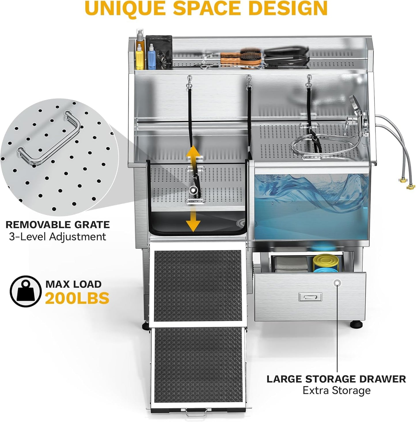 DWVO Professional Dog Bathing Station Stainless Steel 304 Pet Bathtub, 50in Dog Grooming Tub w/Right Door Ramp, 2 Storage Drawers, Grate, Pet Washing Station for Large, Medium, Small Pets