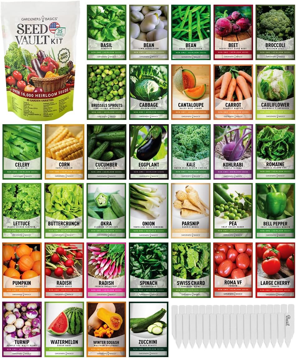 Gardeners Basics Survival Vegetable Seeds Garden Kit Over 16,000 Seeds Non-GMO and Heirloom, Great for Emergency Bugout Survival Gear 35 Varieties Seeds for Planting Vegetables 35 Free Plant Markers