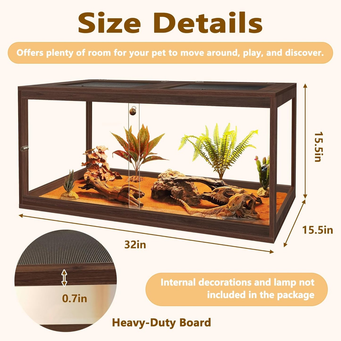 PROLEE Bearded Dragon Tank,34 Gallon Reptile Tank with Meatl Mesh Roof and Front Sliding Door, Anti-Scratch Lizard Tank,Spacious Reptile Enclosure for Snakes,Lguanas, Chameleons(Walnut)