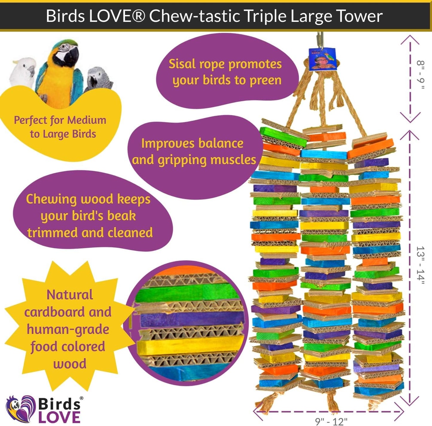 Birds LOVE Chew-Tastic Triple Tower of Shredded Fun Colorful Safe Lots of Wood to Chew - Large Bird Cage Toy for African Greys, Amazons, Eclectus, Cockatoos, Macaws and Similar Sized Birds