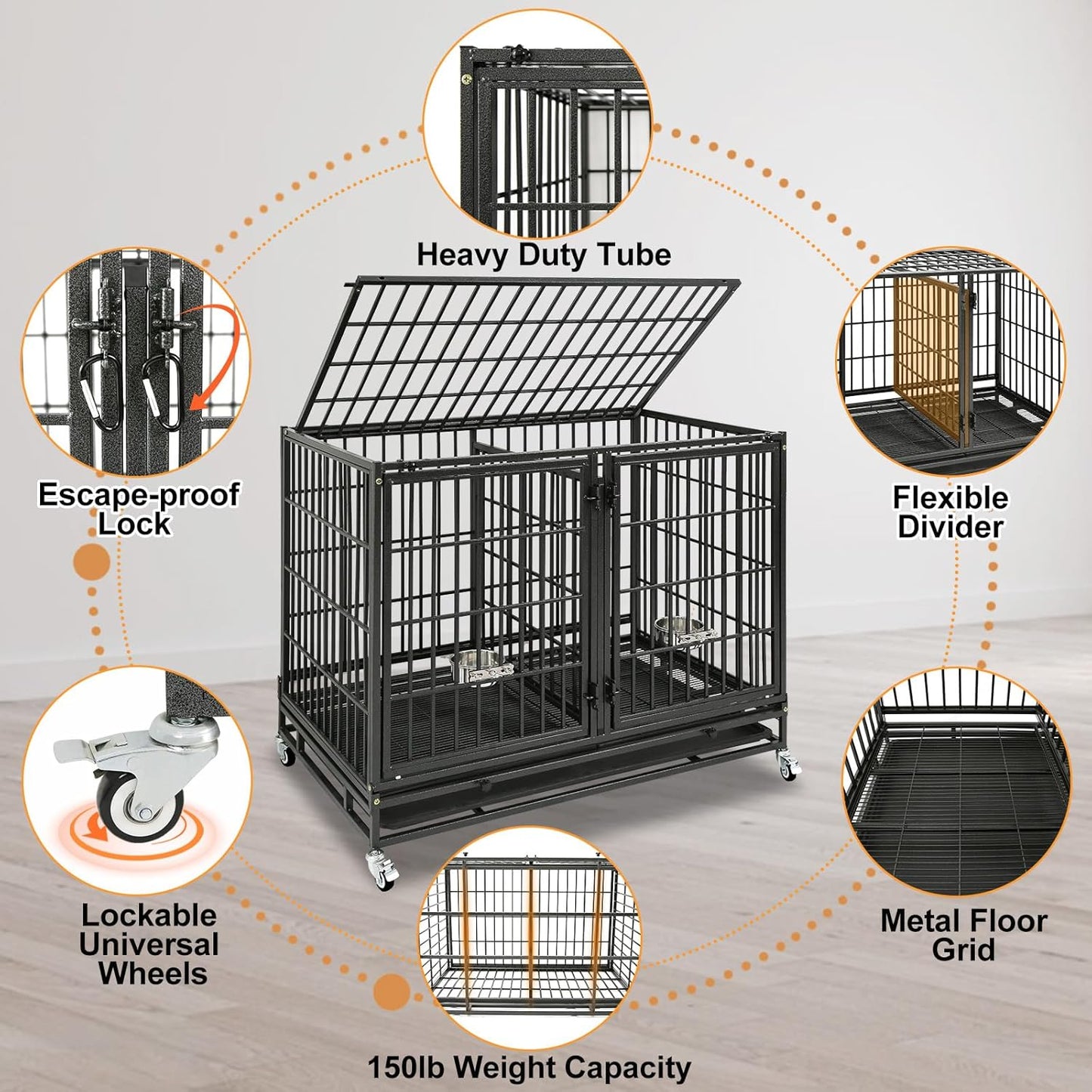 Homey Pet 43/48/37 inch Stackable Heavy Duty Dog Crate Cage on Wheels with Divider, 2X Steel Bowls, 4X Lockable Wheels, Tray, Indestructible Escape Proof Lager Dog Kennel Indoor