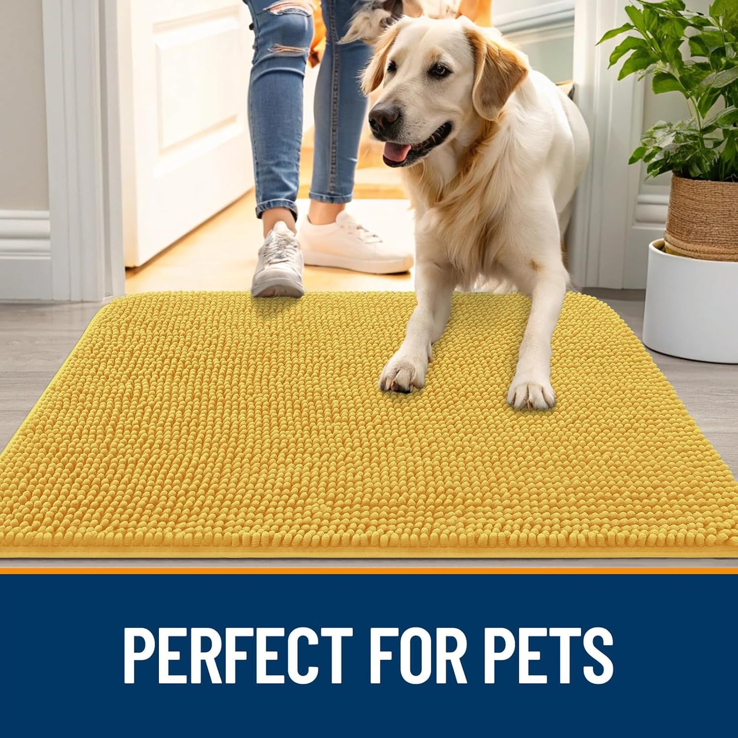 OLANLY Dog Door Mat for Muddy Paws 36x24, Absorbs Moisture and Dirt, Absorbent Non-Slip Washable Doormat, Quick Dry Chenille Mud Mat for Dogs, Entry Indoor Entryway Carpet for Inside Floor, Yellow