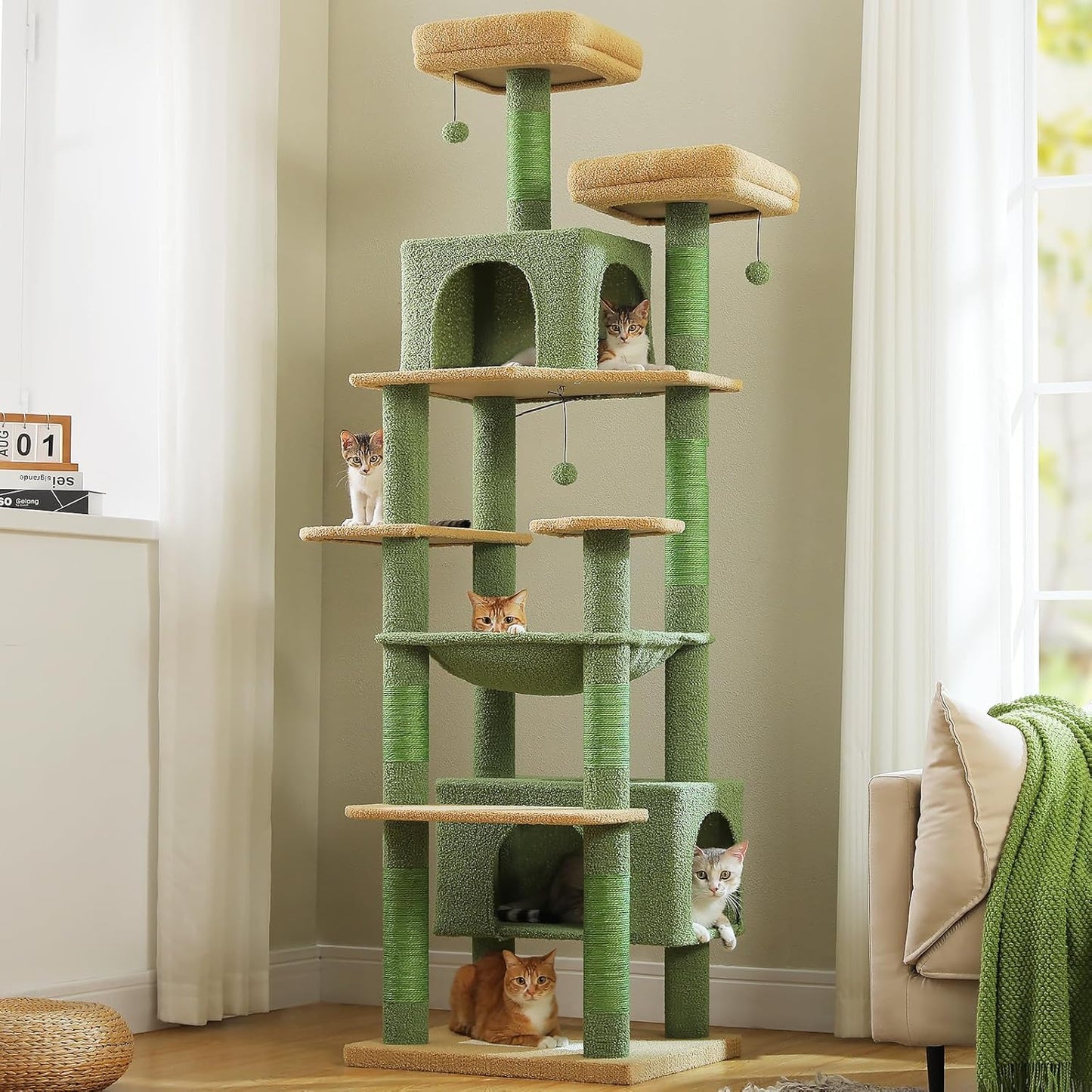 PAWZ Road Heavy Duty Cat Tree for Large Cats, 81 Inches Cactus Tall Cat Tower with 2 Perches, 2 Condos and Spacious Hammock, XL Extra Large Condo with 7 Scratching Posts for 20lb+ Adult Cats, Green