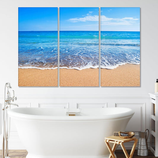 Nature Wall Art Prints - Ocean Forest Mountain Lake Canvas Landscapes - Small to Extra Large Living Room Bedroom Kitchen Bathroom Décor (Sandy Ocean Beach, 55L" x 83W"- 3 Panels)