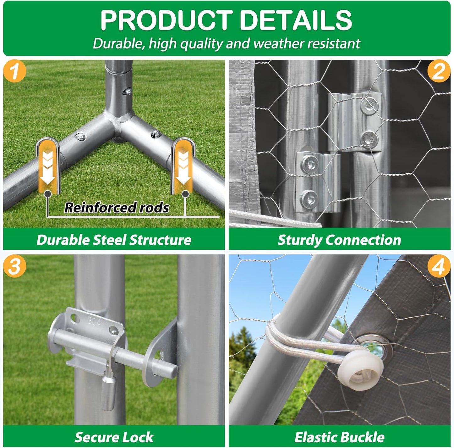 Large Metal Chicken Coop, Walk-in Chicken Run Pen with Waterproof Cover, Spire Roof Poultry Cage for Outdoor, Backyard, Farm