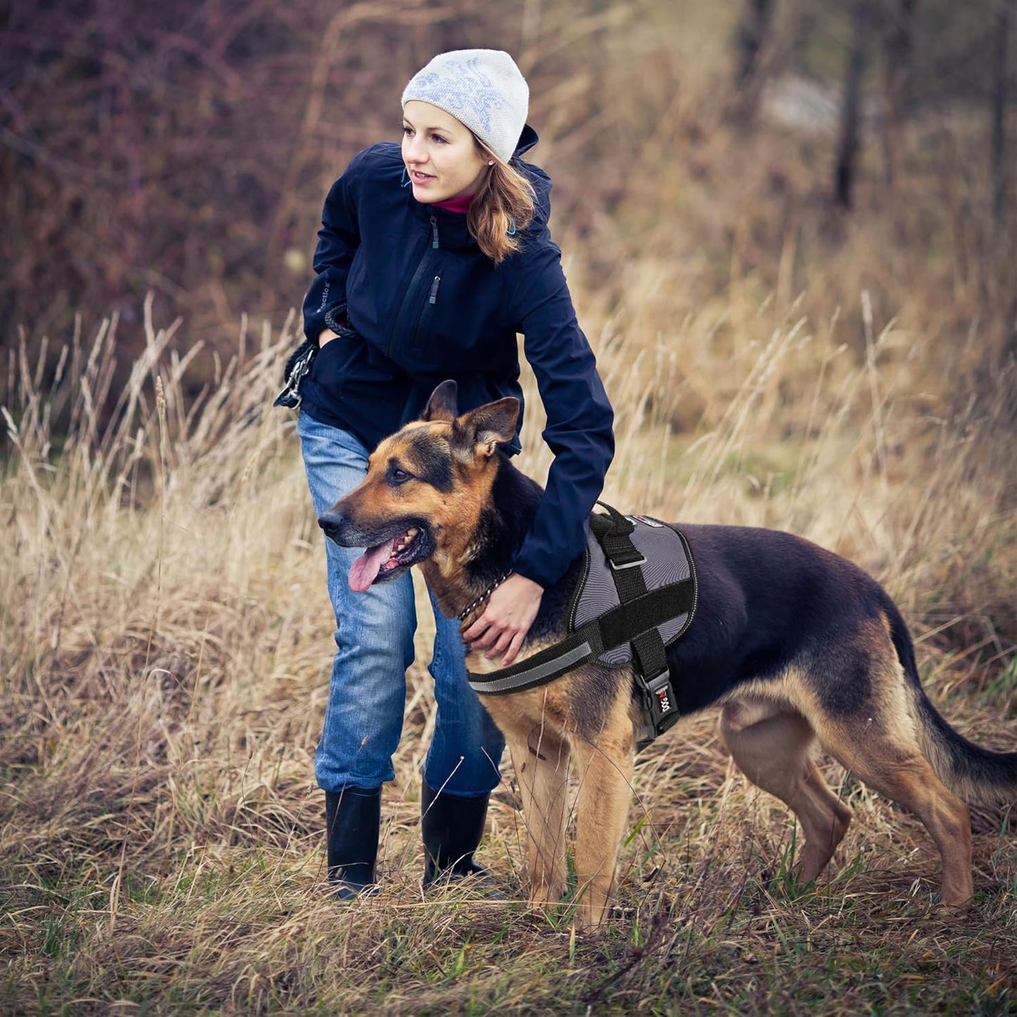 Dogline Dog Harness, Reflective No-Pull Adjustable Vest with Handle for Walking, Training, Breathable, No - Choke Harness for Small, Medium or Large Dogs Room for Patches Girth 15 to 18 in Grey