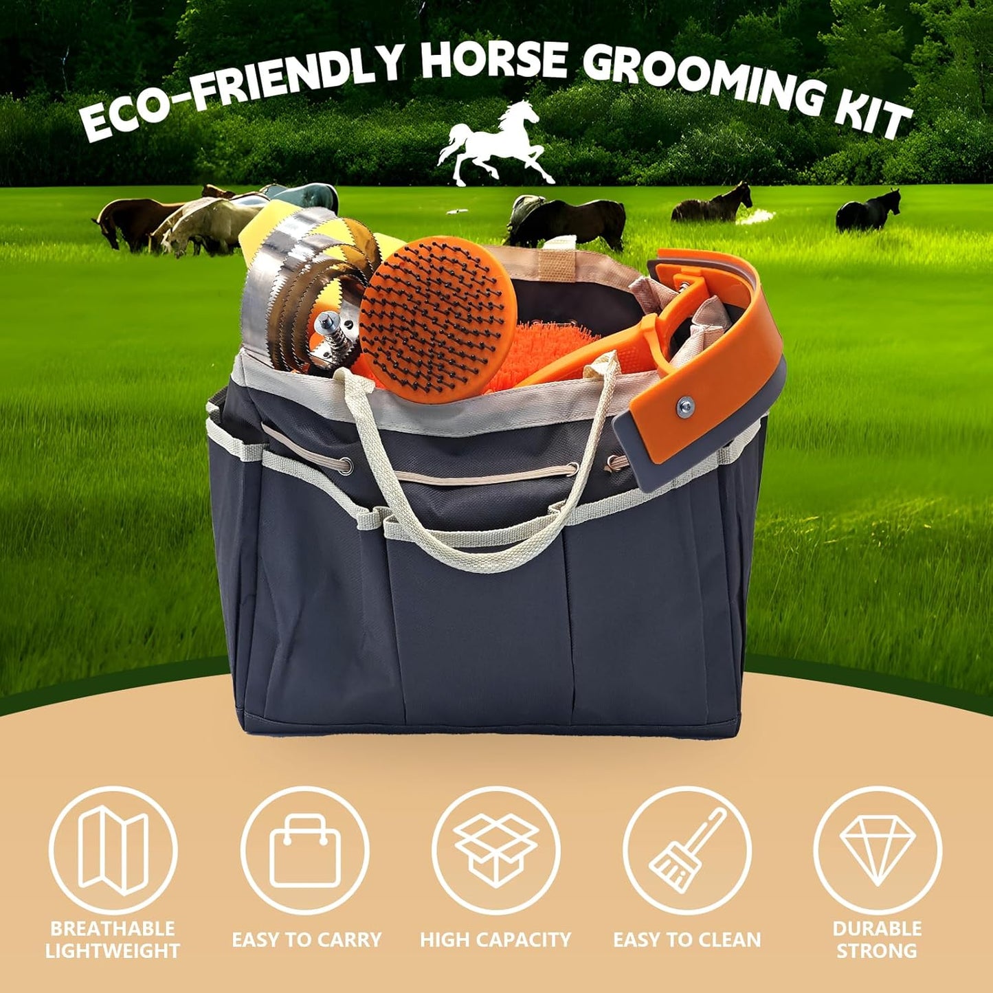 Horse Grooming Kit, Horse Grooming Supplies Includes 12 Horse Hair Care Tools Such as Handbag, Horse Brush, Horse Comb, Hoof Pick, Sweat Scraper, Etc., Suitable Gifts for Horse Riding Enthusiasts