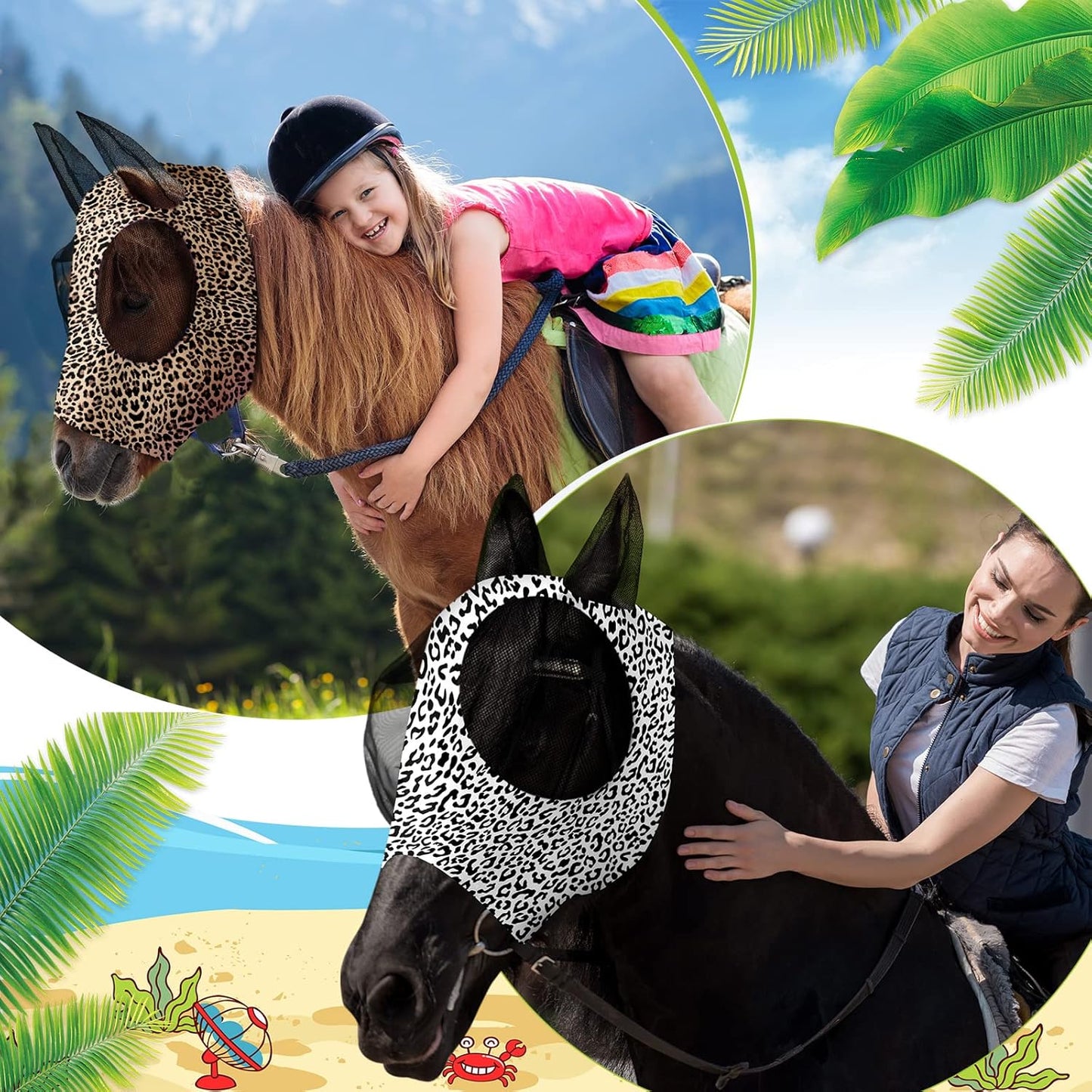 Chunful 6 Pcs Horse Fly Masks with Ears Smooth and Comfortable Cashel Mesh Fly Mask Elasticity Breathability UV Protection Horse Face Covering for Riding Supplies(Leopard,Large)