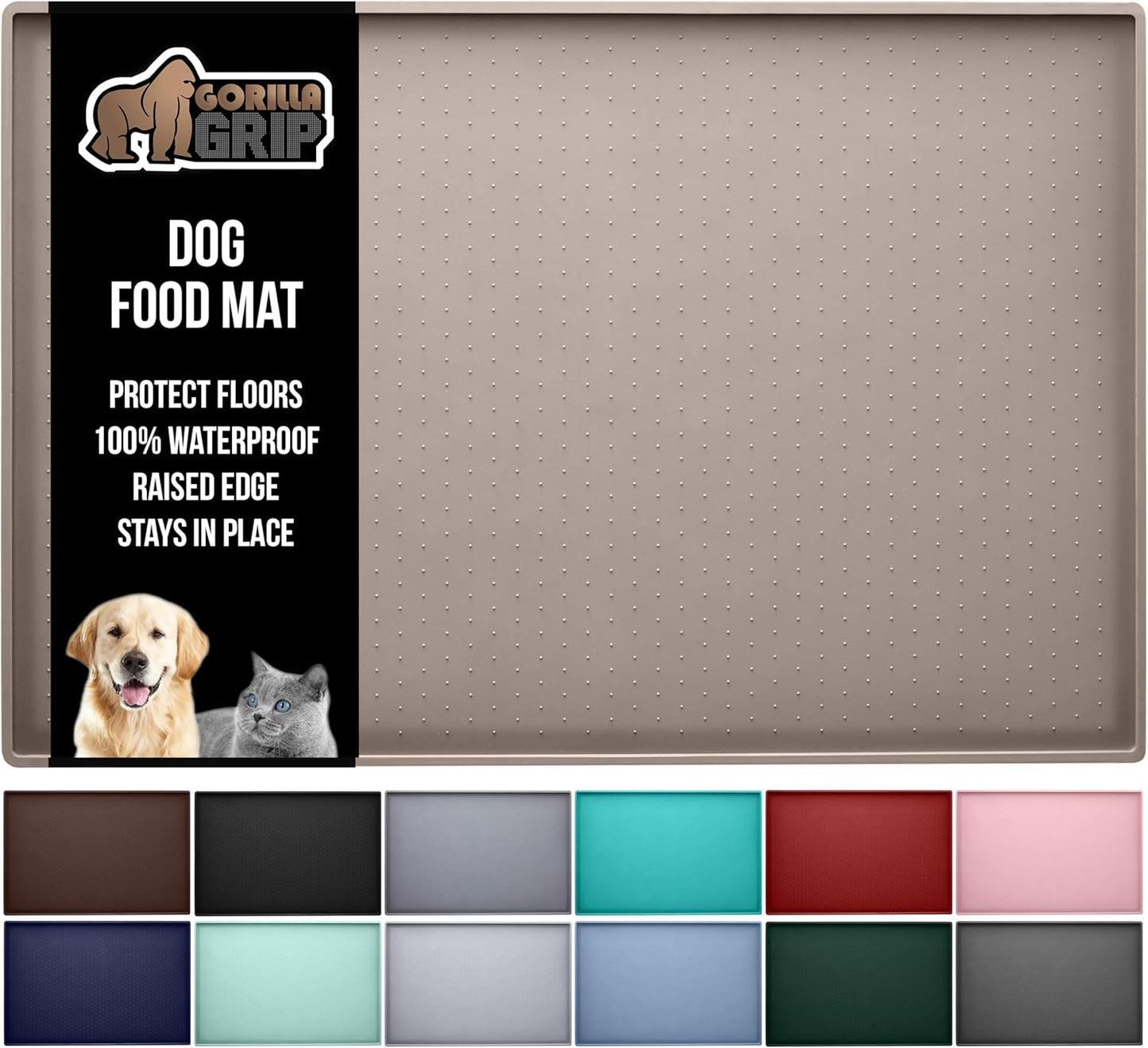 GORILLA GRIP 100% Waterproof Raised Edge BPA Free Silicone Pet Feeding Mat, Dog Cat Food Mats Contain Spills Protects Floors, Placemats for Cats and Dogs Water Bowl, Pets Accessories 32x24 Beige