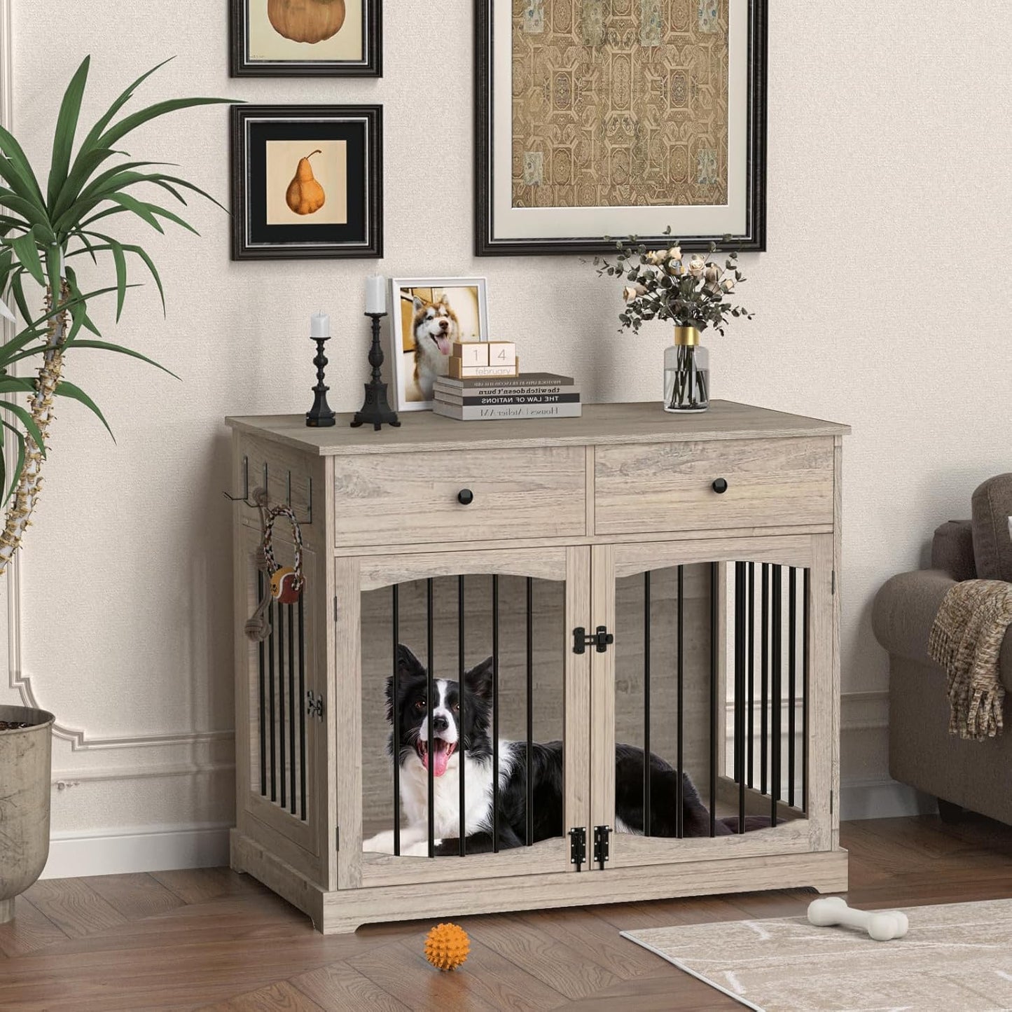 BREEZEHEAT 40 inch Dog Crate Furniture-Farmhouse Dog Kennel with Drawers-End Table Wooden Pet Crate, Double Door Design, Decorative Dog House Indoor for Small Medium Large Dog, Oak Grey