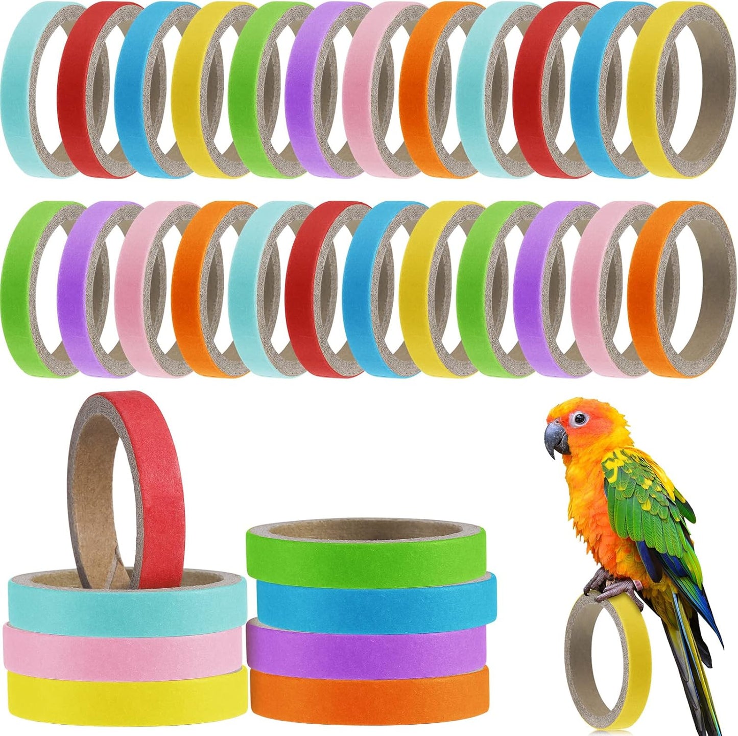 Jenaai 24 Pcs Chew Bagels Bird Toys for Parrots 2.4 Inch Wood Bird Chew Toys Colorful Cardboard Foraging Chew Foot Wooden Training Toy for Cockatiels Cockatoos Macaws and Similar Sized Pet Birds