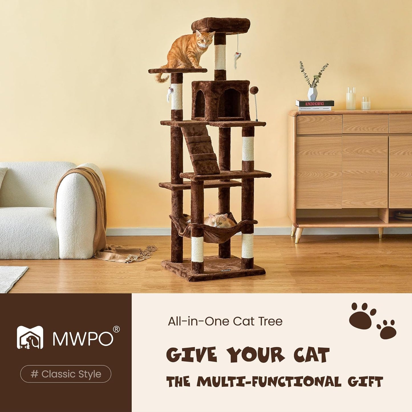 MWPO 63.8 inches Multi-Level Cat Tree for Large Cats with Sisal-Covered Scratching Posts, Padded Platform, Hammock and Condo,Stable Cat Tower Cat Condo Pet Play House (Brown)