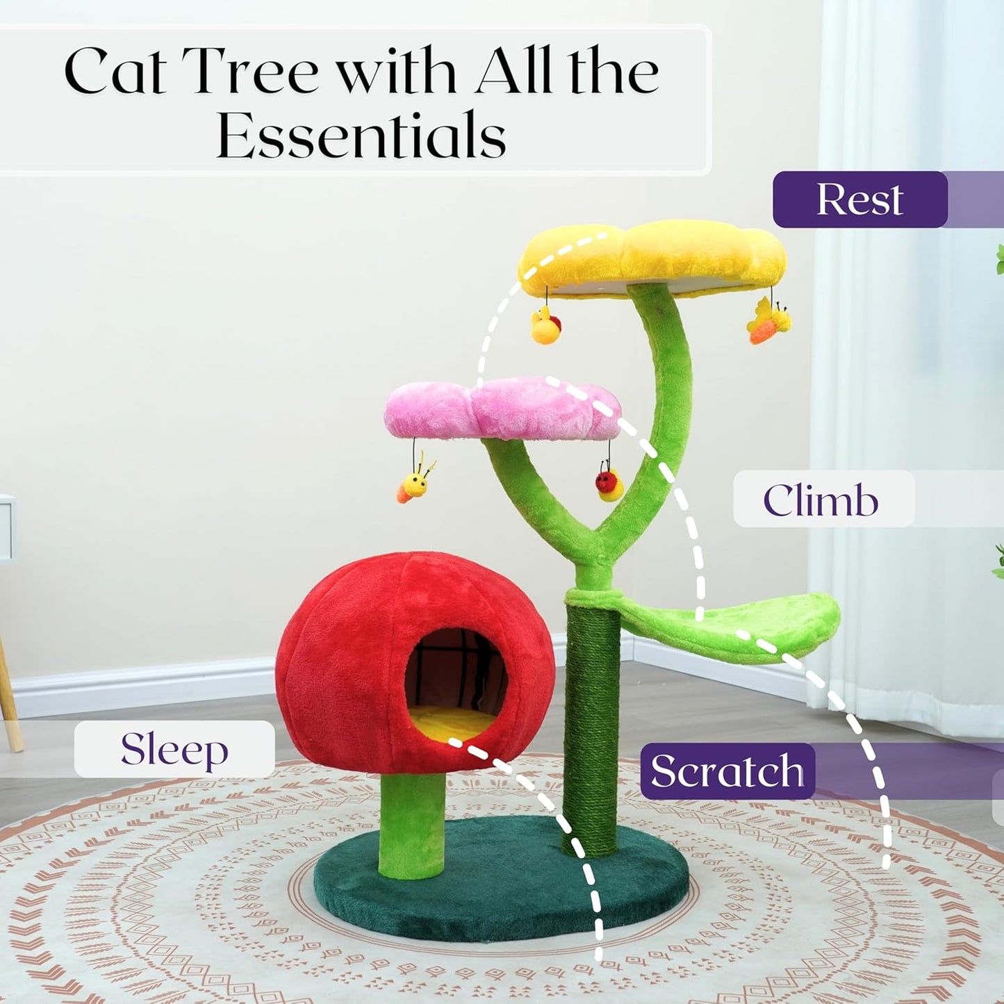 Catry 5-Level 40" Colorful Garden Style Cat Tree with Flower Perches, Leaf Hammock, Fruit Condo, Natural Sisal Scratching Post, Bee Toys, Parts Replaceable