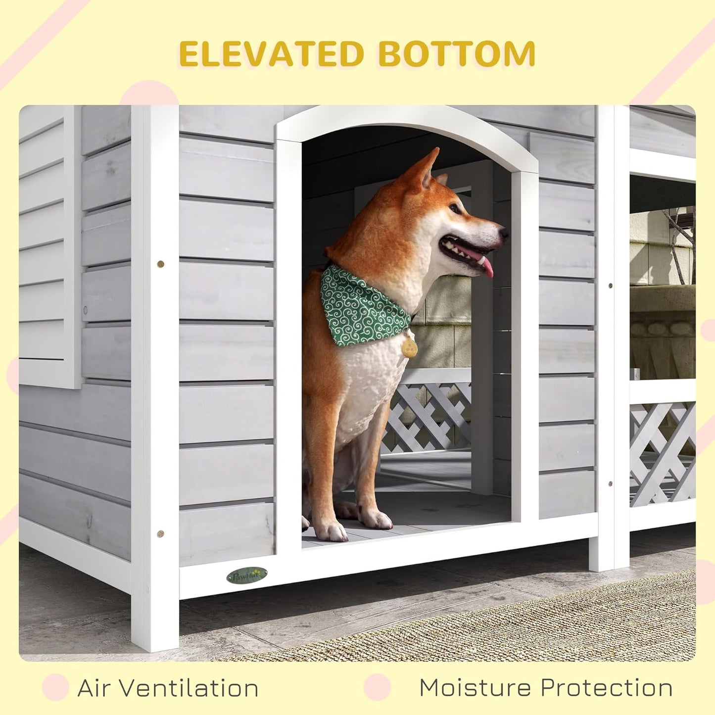 PawHut Wooden Dog House Outdoor with Porch, Cabin Style Raised Dog Shelter with Asphalt Roof, Doors, and Shutter Window, for Medium Large Sized Dog, Light Gray