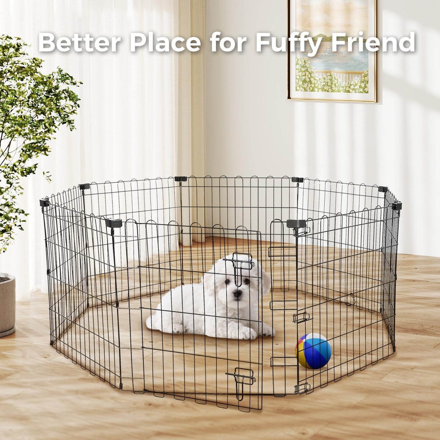 Foldable Dog Playpen 24" Height 8 Panels Metal Exercise Pen with Door - Indoor/Outdoor Puppy Playpen for Small Dogs, Portable Pet Fence for Yard Garden Camping, Black