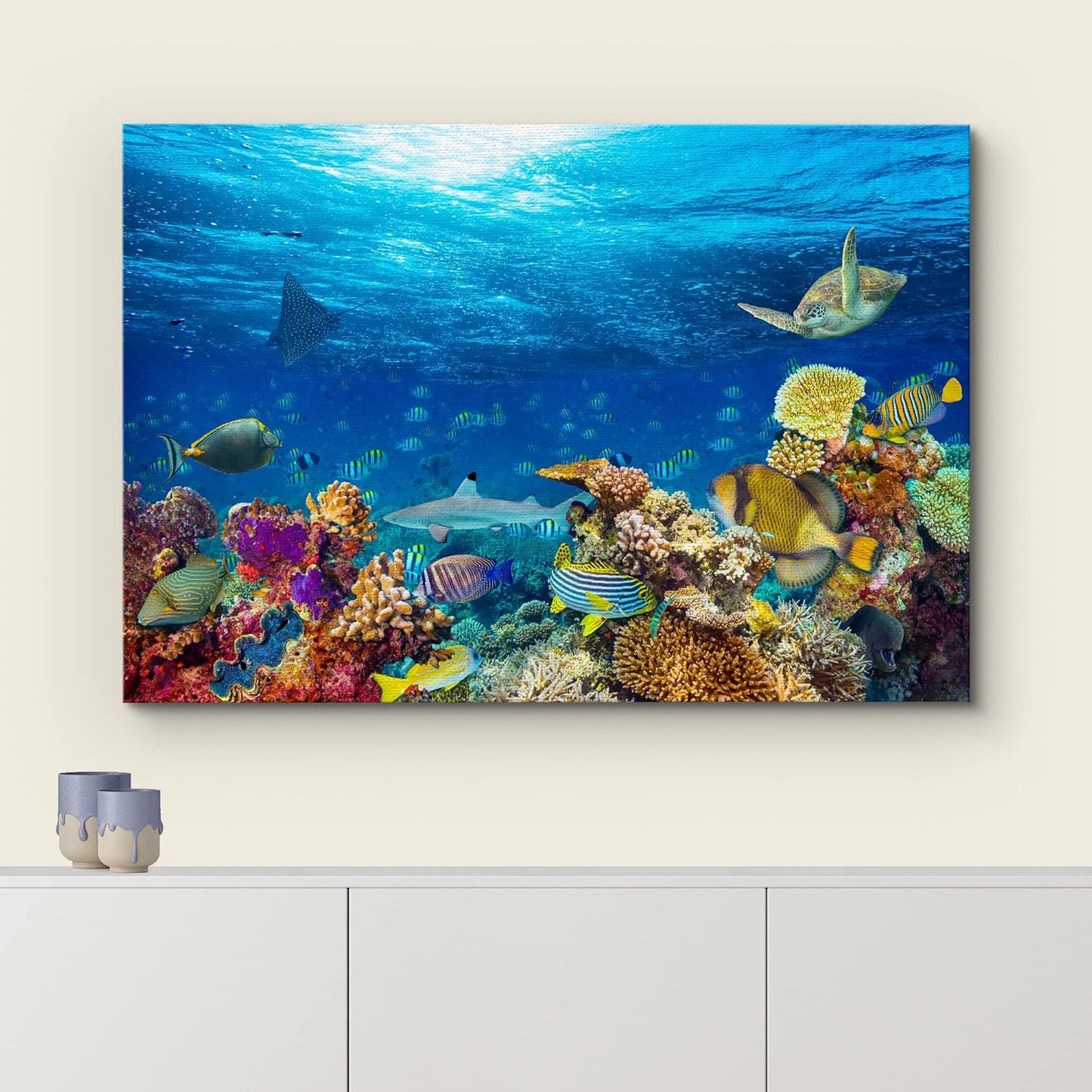 wall26 Canvas Print Wall Art Vibrant Sunshine Ray Coral Reef Turtle Fish Nature Animals Photography Realism Rustic Scenic Landscape Wilderness Colorful for Living Room, Bedroom, Office - 24"x36"