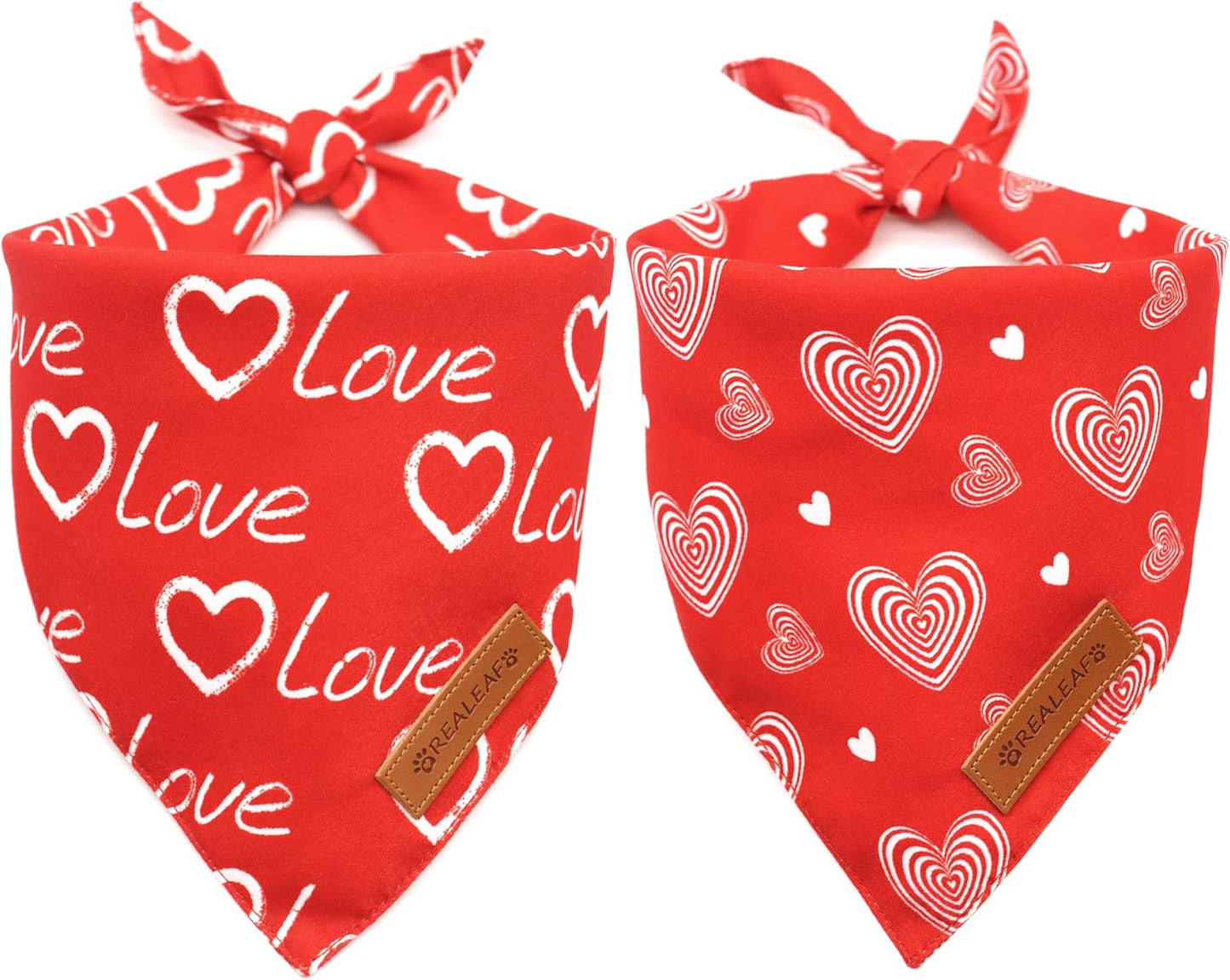 Realeaf Valentines Day Dog Bandanas 2 Pack, Reversible Love Pet Scarf for Boy and Girl, Premium Durable Fabric, Heart Bandana for Small Medium Dogs (Small)