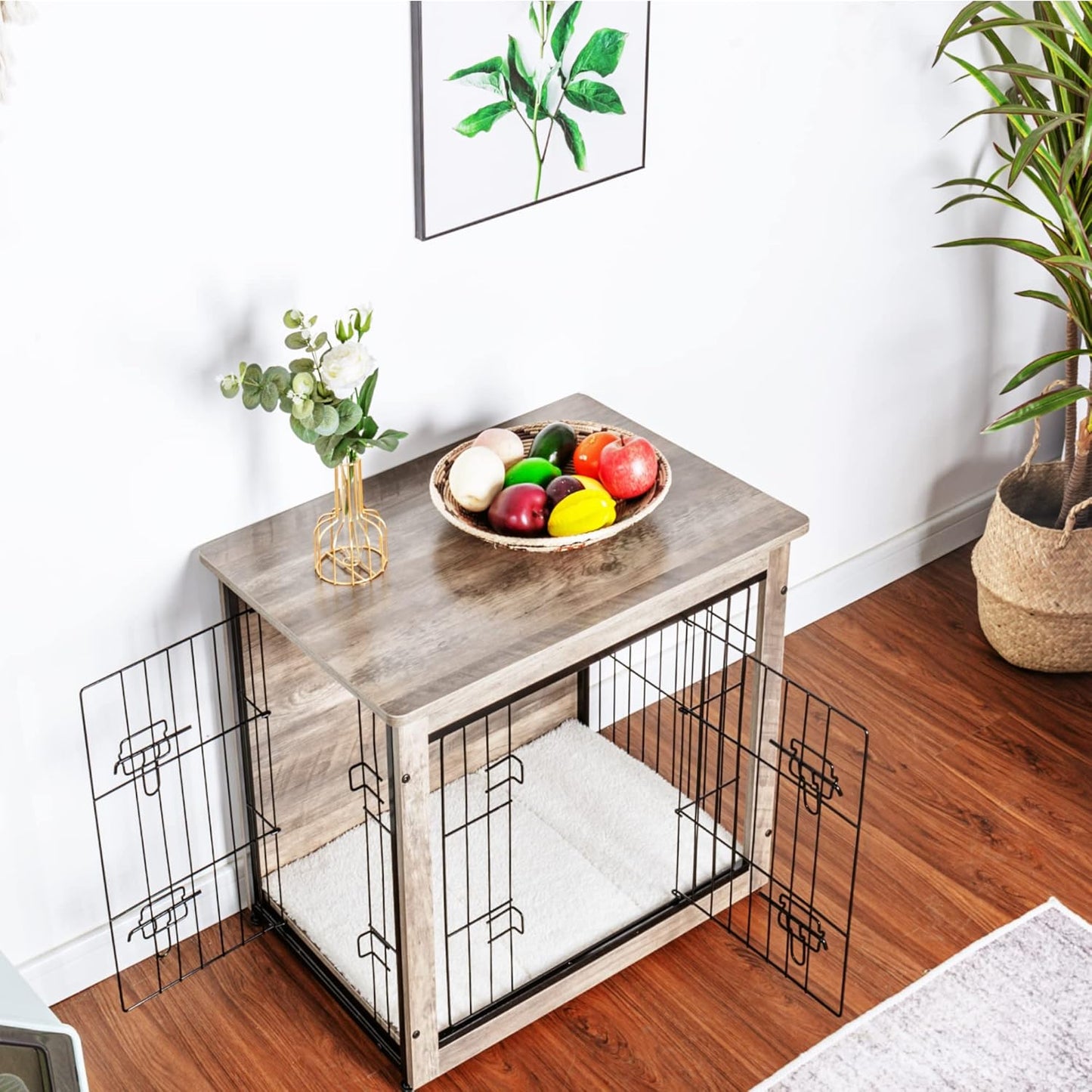 DWANTON Dog Crate Furniture with Cushion, Wooden Kennel Table with Double Doors, Indoor Dog House, Small/Medium/Large/Extra Large Size, 27.2" L, Greige