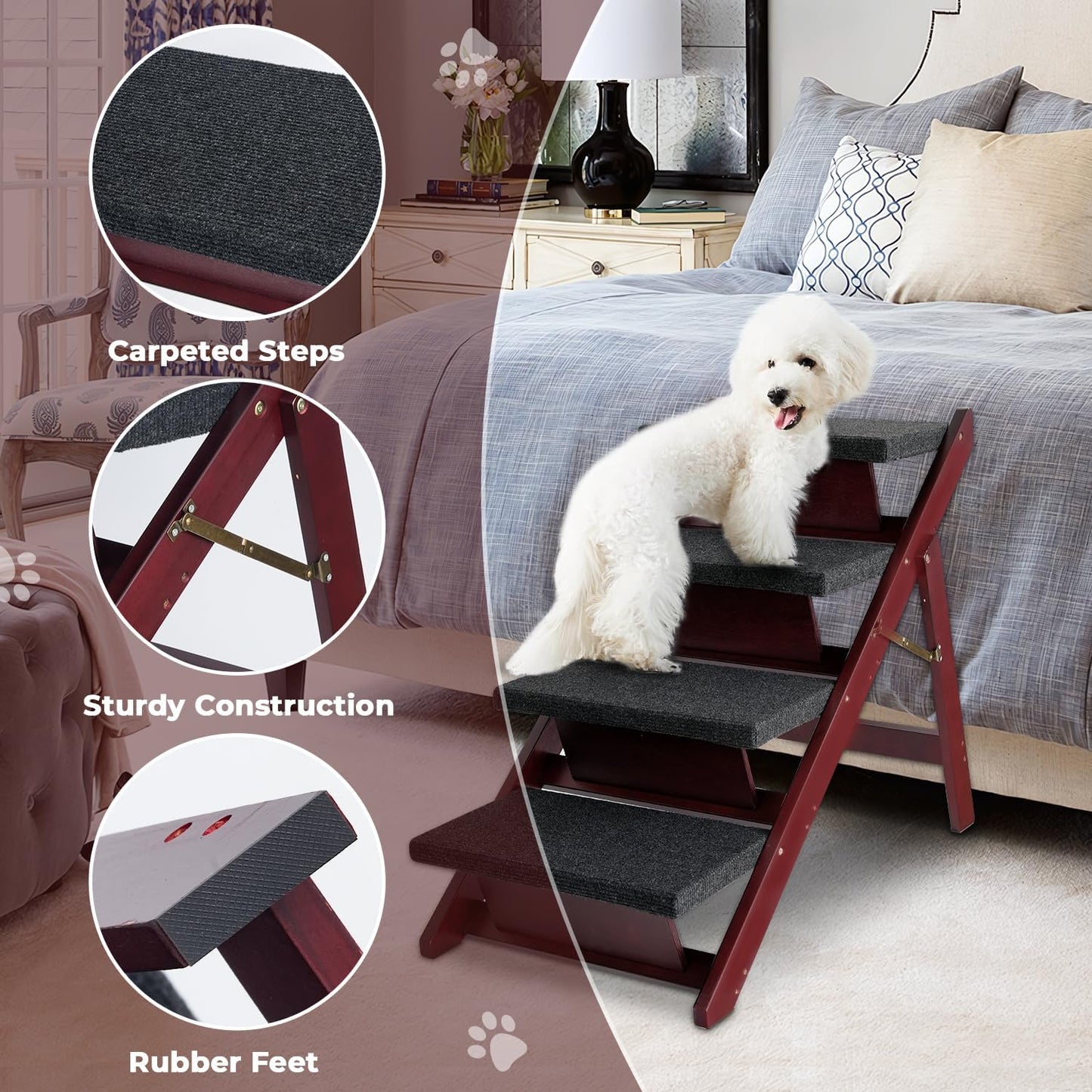 BRIKY Wooden Dog Stairs/Steps - Foldable 4 Steps Dog Steps for High Bed Couch Cars, Non-Slip Pet Stairs for Small Large Medium Dogs and Cats, No Assembly Required