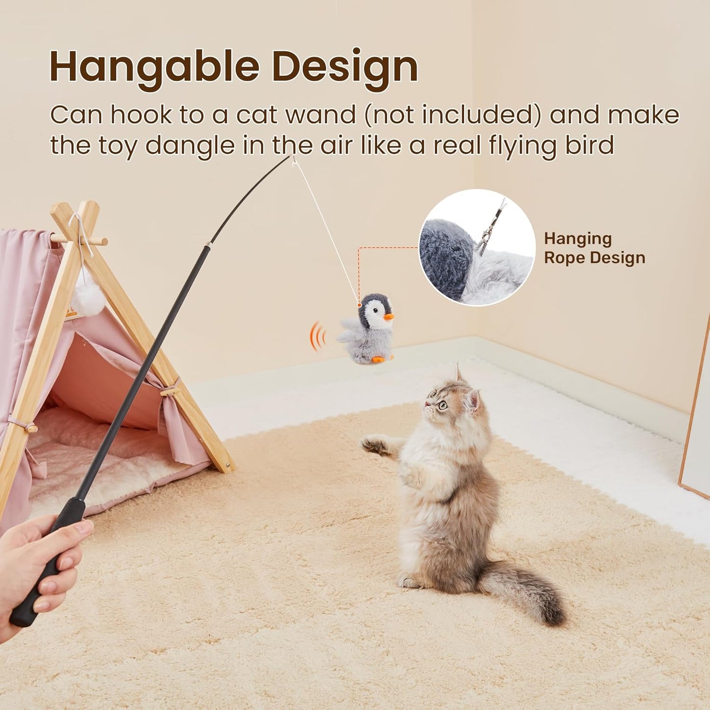 Potaroma Flapping Cat Toys Emperor Penguin, Rechargeable, Lifelike Bird Chirp, Catnip Kicker Toys, Touch Activated Kitten Toy, Interactive Cat Exercise Toys, 4.0 Inches