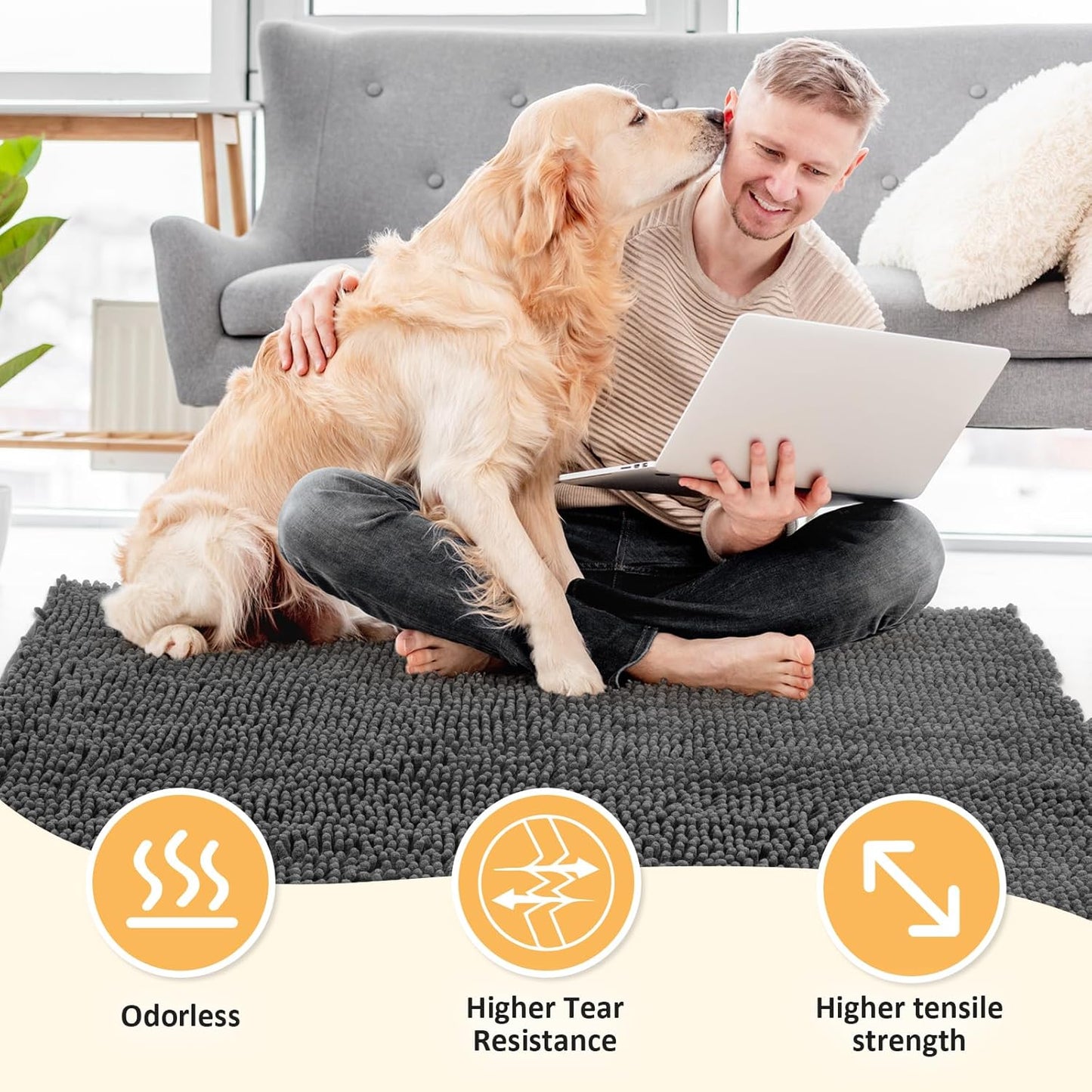 Absorbent Dog Door Mat for Muddy Paws, 60" x 30" Chenille Indoor Mats for Entryway, Trap Dirt Front Door Mat Indoor Entrance Washable Non Slip Soft