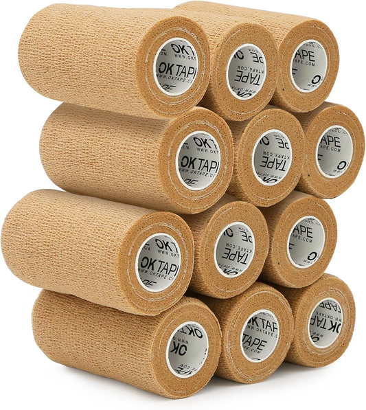 OK TAPE Self Adherent Cohesive Bandages Wrap - 12Packs, 3" x 5 Yards, Non-Woven Self Adhesive Bandage Wrap for Thumb, Finger, Wrist, Ankle, Vet Wrap Bandages Tape (Beige)