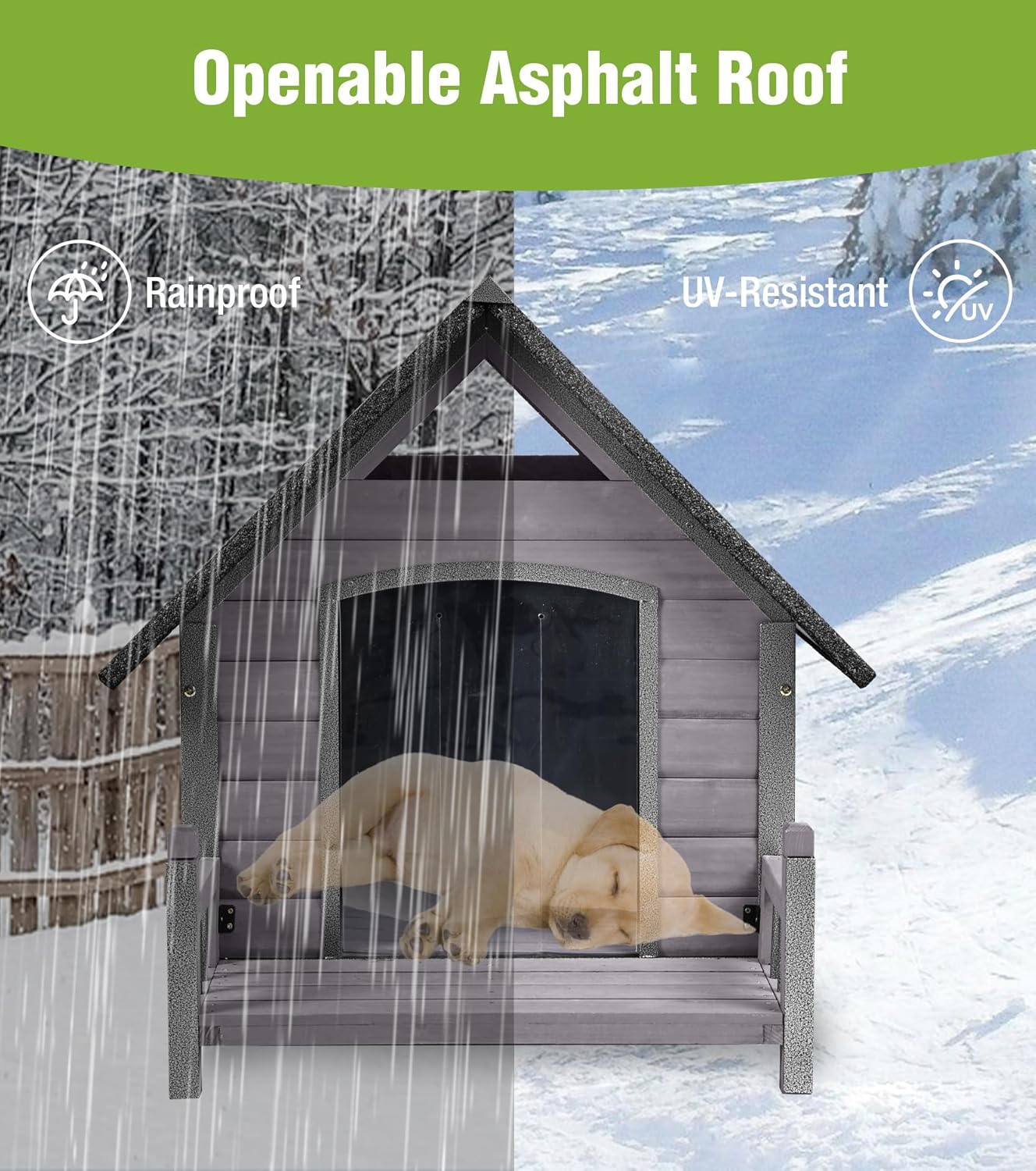 GUTINNEEN Insulated Dog House Outdoor, Waterproof Dog Kennel with Anti-Bite Design, Asphalt Roof, Elevated Base, PVC Curtain, for Small to Medium Dogs - Grey