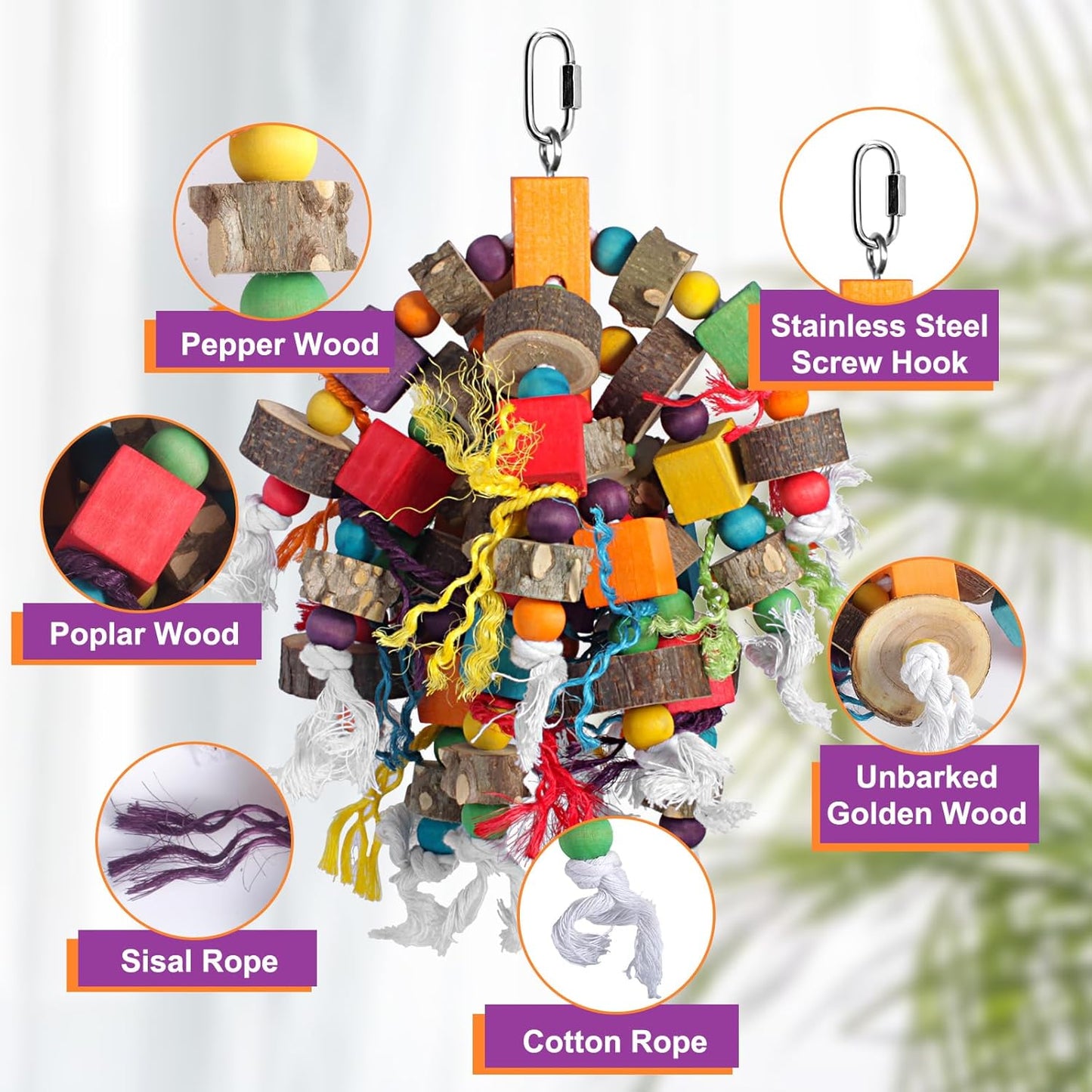 Parrot Toys 15.7 Inch Natural Material Bird Toys for Medium & Large Parrots Macaw Cockatiels Parakeets Cockatoo Conure Pet Bird Supplies