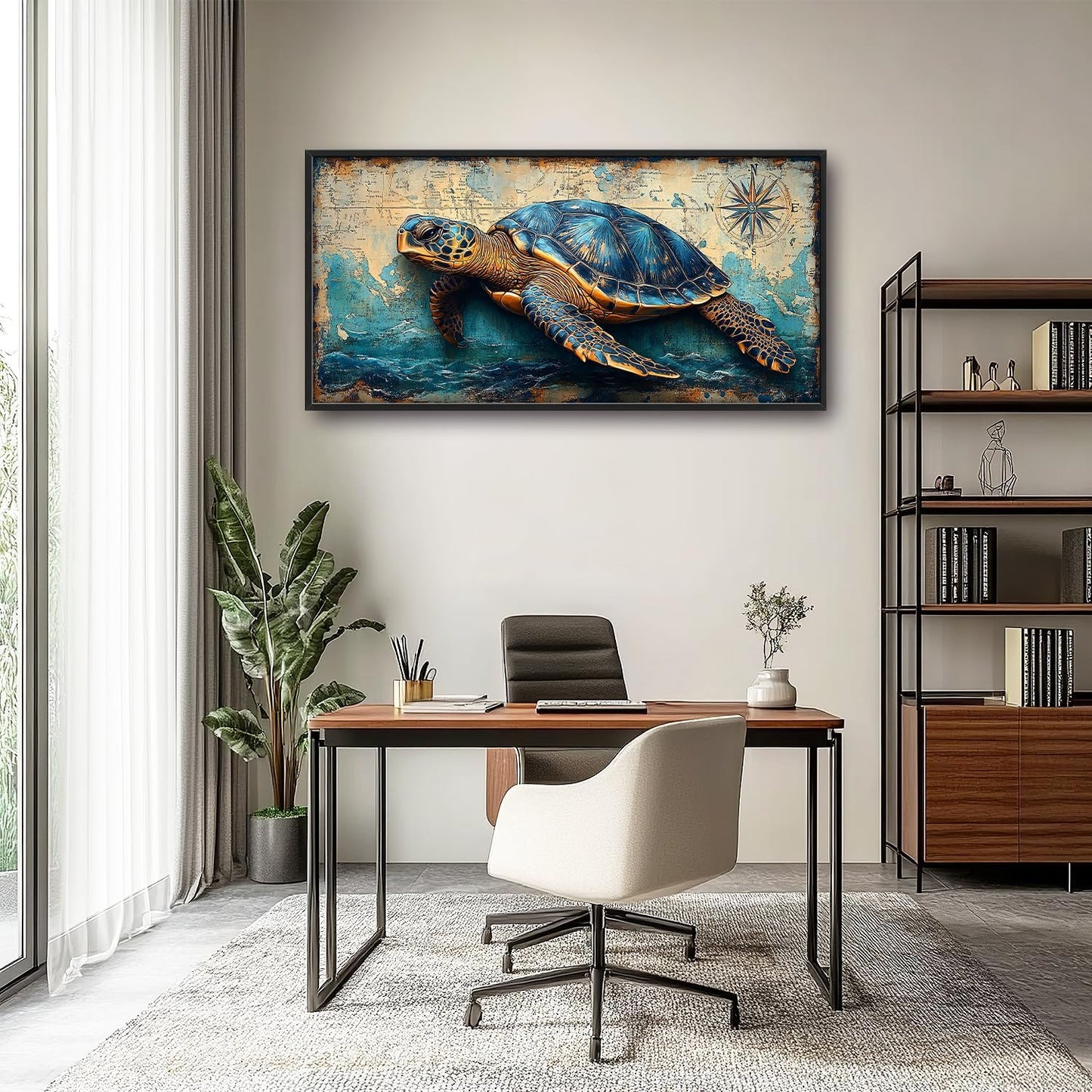 Large Nautical Turtle Wall Art for Living Room, Coastal Ocean Canvas Oversized Wall Decor, Beach Aesthetics Framed Pictures Painting Print Artwork for Bedroom Office 60L" x 30W"