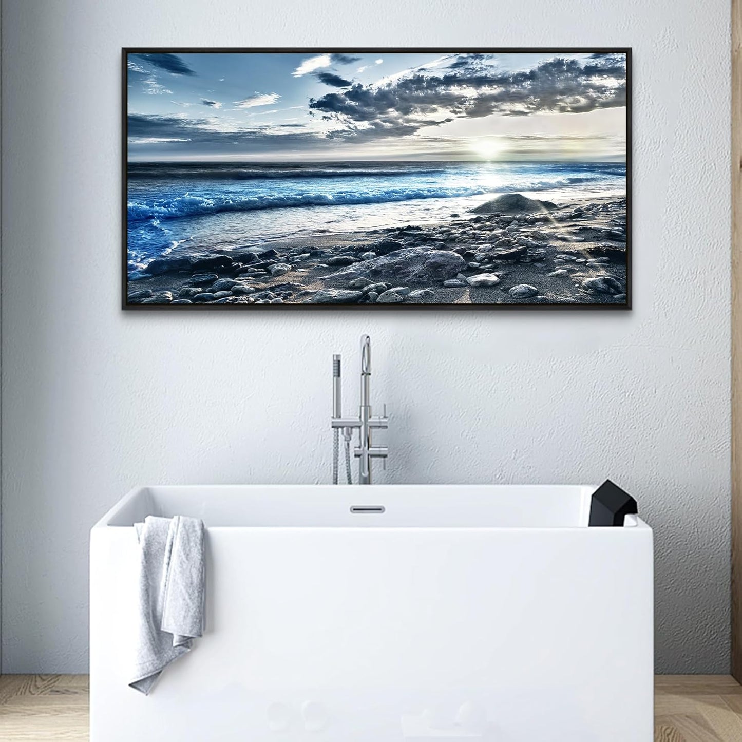 Wapluam Large Canvas Prints Wall Art For Living Room Wall Decorations For Bedroom Office Wall Decor Scenery Wall Painting Blue Sea Pictures Artwork For Fashion Black Framed Beach Posters Home Decor