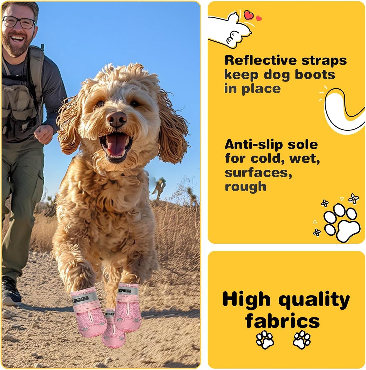 Hcpet Dog Shoes for Large Dogs, Breathable Dog Booties for Small Medium Dogs, Anti-Slip Dog Boots & Paw Protectors for Hot Pavement Winter Snow Hiking with Reflective Straps Pink Size 4