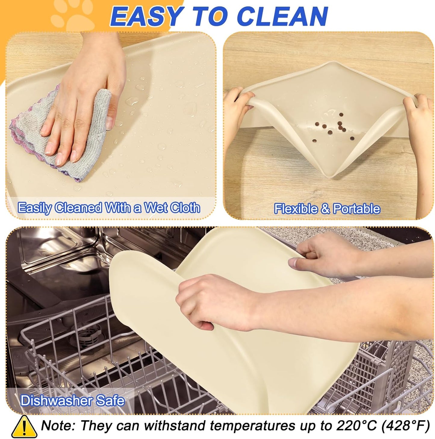 Silicone Pet Feeding Mat with Raised Edge for Food and Water, Dog Bowl Mats, Cat Bowls Placemat with High Lip for Floor Waterproof, Rubber Tray for Cats and Dogs 24 x 16 x0.8 White Sand