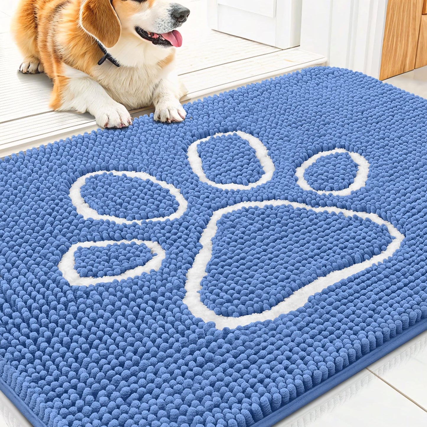 Smiry Dog Door Mat for Muddy Paws, Absorbent Dirt Trapper Non Slip Quick Dry Washable Chenille Mat for Mud Dogs, Entry Rug for Indoor and Outdoor (30x20 Inches, Cornflower Blue)