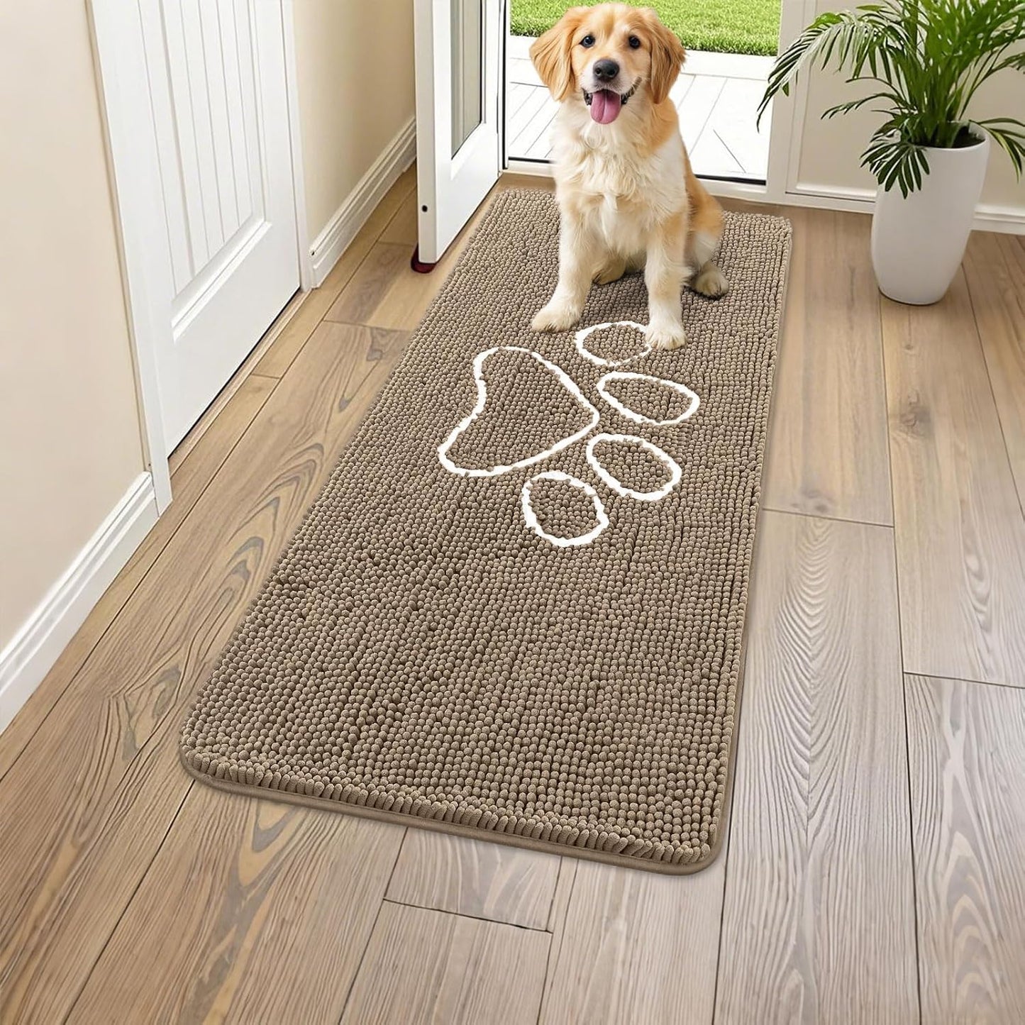 Smiry Dog Door Mat for Muddy Paws, Absorbent Dirt Trapper Non Slip Quick Dry Washable Chenille Mat for Mud Dogs, Entry Rug for Indoor and Outdoor (47x24 Inches, Camel)