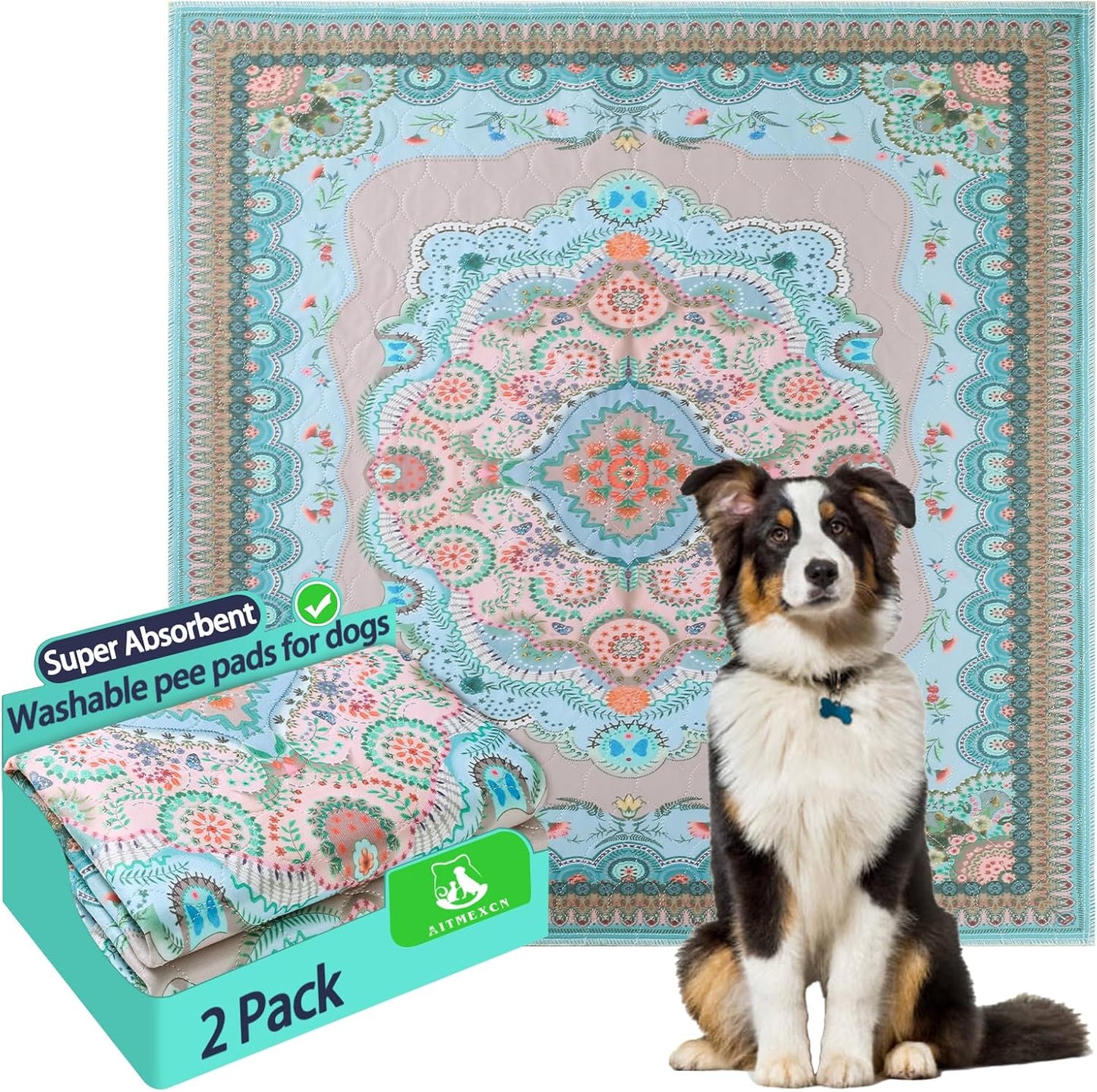 Aitmexcn Washable Pee Pads for Dogs, Large 2 Pack Reusable Puppy Pads Pet Training Pads, Super Absorb Dog Mats, Whelping Pad, Non-Slip Protects Against Urine Leakage-48 x 48"