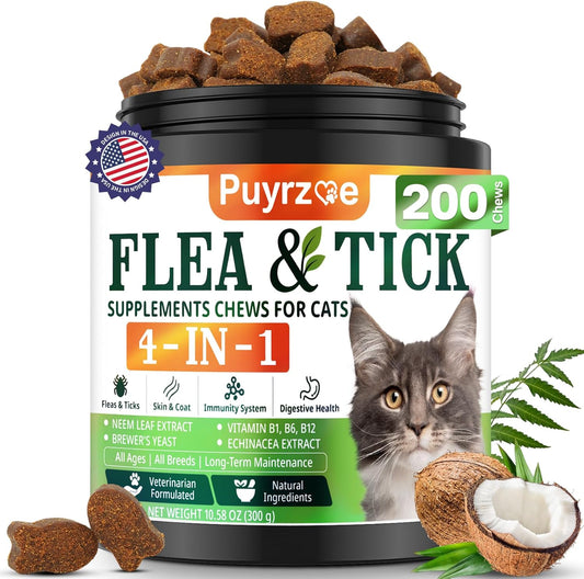 4-in-1 Flea Treatment for Cats Chewable, Natural Cat Flea and Tick Prevention Chewable Supplement for Skin & Coat | Immunity Support | Digestive | Flea & Tick Treatment for All Breeds & Sizes