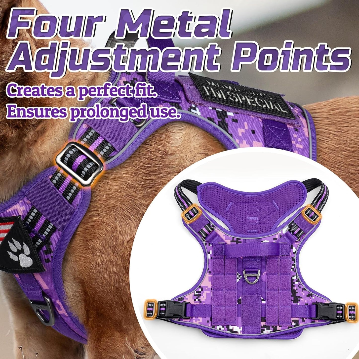 rabbitgoo Tactical Dog Harness for Large Dogs, No Pull Military Service Vest with Handle & Molle, Easy Control for Training Walking, Adjustable Reflective Straps, Purple Camo, XL