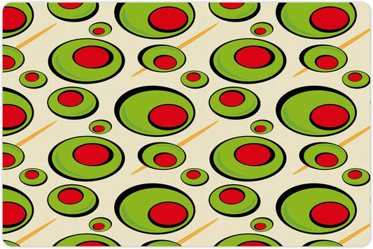 Lunarable Vintage Pet Mat for Food and Water, Repeated Pattern Olives with Toothpicks for Cocktail Martini, Non-Slip Rubber Mat for Dogs and Cats, 18" X 12", Cream Lime