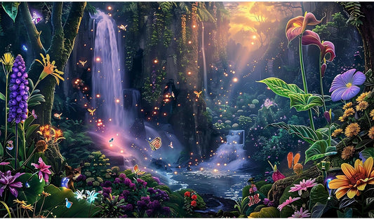 Fantasy Garden Aquarium Background Sunset Waterfall and Flowers Terrarium Backdrop Tropical Forest Lush Plant Magic Butterfly Lights Flowers Fish Tank Background Poster Decorations 48x20in