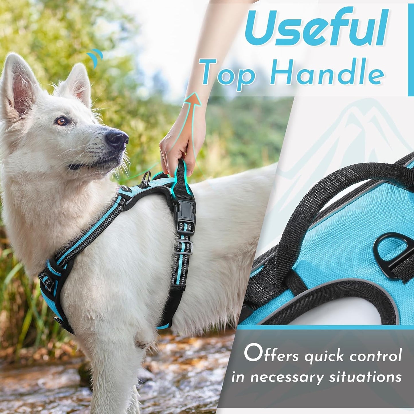 Eagloo Dog Harness Large Breed, No Pull Service Vest with Reflective Strips and Control Handle, Adjustable and Comfortable for Easy Walking, No Choke Pet Harness with 2 Metal Rings, Sky Blue, XL