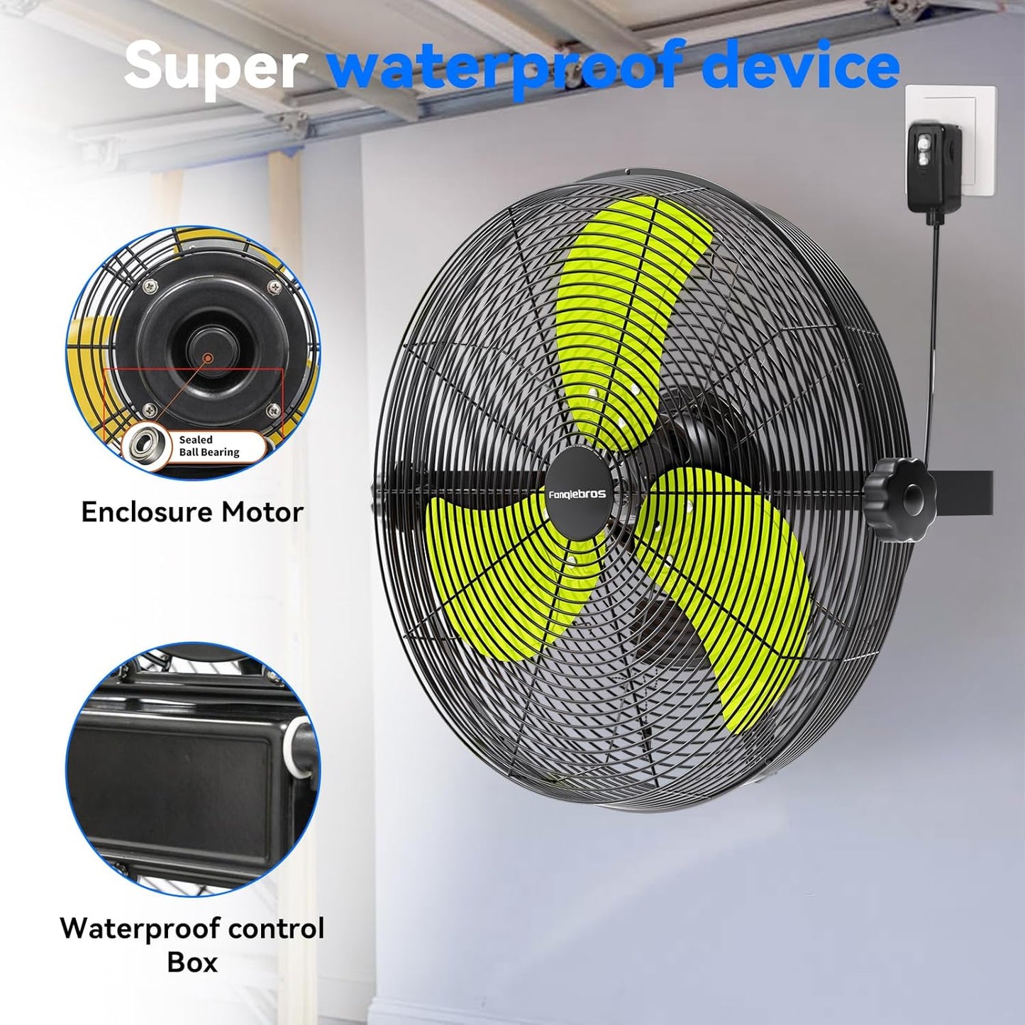 2600 CFM 14 inch Outdoor High Velocity Wall Mounted Fan, 3-Speed Metal Fans with IP44 Enclosure Motor, Industrial Grade Weatherproof Wall Fan for Patio, Greenhouse, Garage, and Gazebo