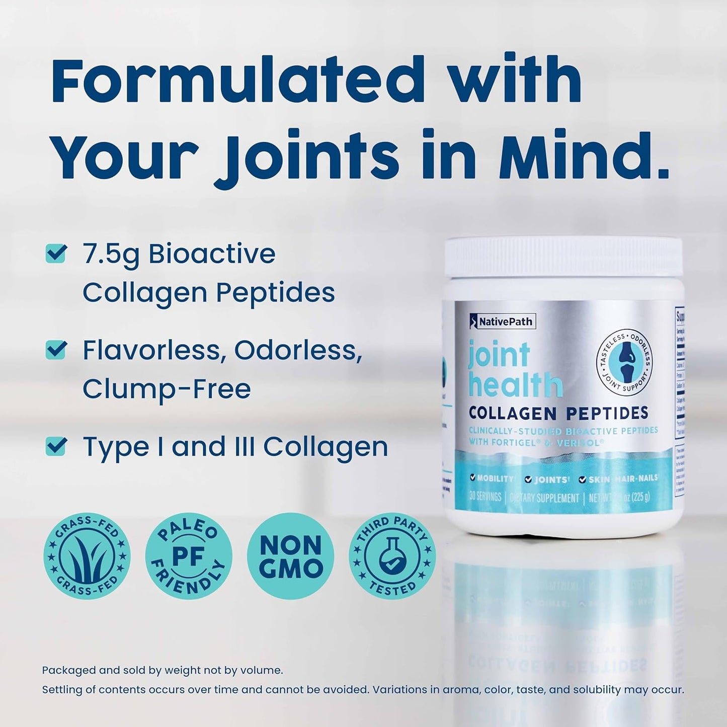 NativePath Joint Health Advanced Formula, Type 1 & 3 Peptides with Fortigel & Verisol, Grass-Fed Unflavored Collagen for Women & Men, 30 Servings