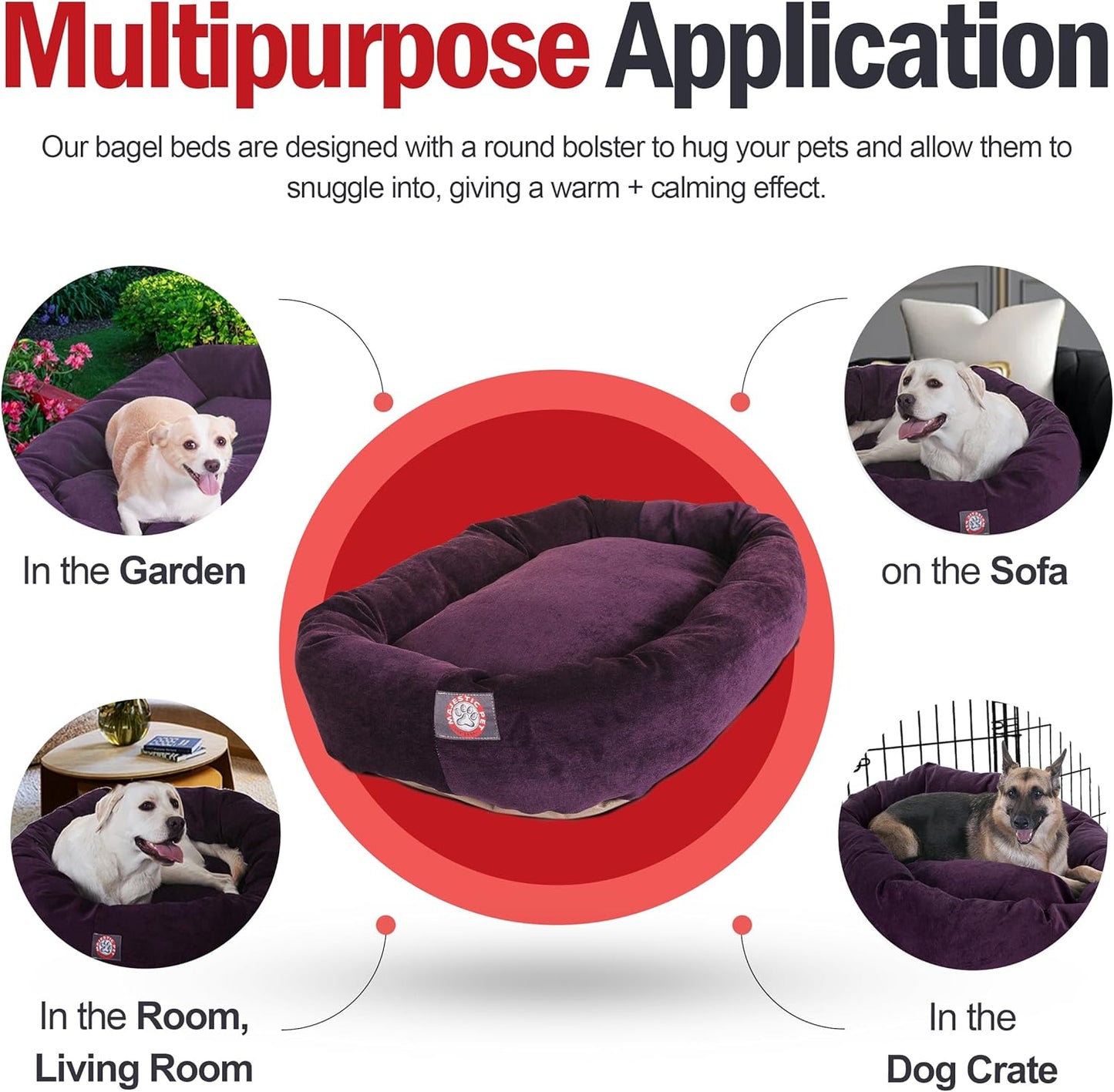 Majestic Pet 40 Inch Micro Velvet Calming Dog Bed Washable 40x29x9 (inch) – Cozy Soft Round Donut Dog Bed with Spine for Head Support - Pet Bed Large – Aubergine