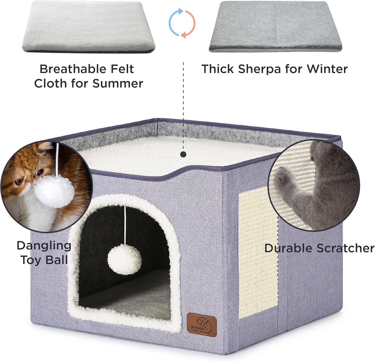 Bedsure Cat Beds for Indoor Cats - Large Cat Cave for Pet Cat House with Fluffy Ball Hanging and Scratch Pad, Foldable Cat Hideaway, 16.5x16.5x13 inches, Cloud Purple