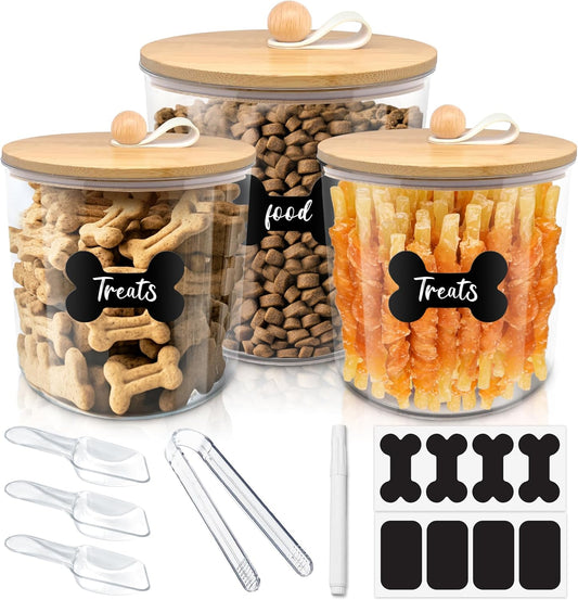 3 Pack Airtight Dog Food Storage Container, Dog Treat Container Dog Food Containers with Bamboo Lids 8x7''&6x5'',Pet Food Storage Container,Cat Food Container with Scoops,Clamp,Labels,Pen