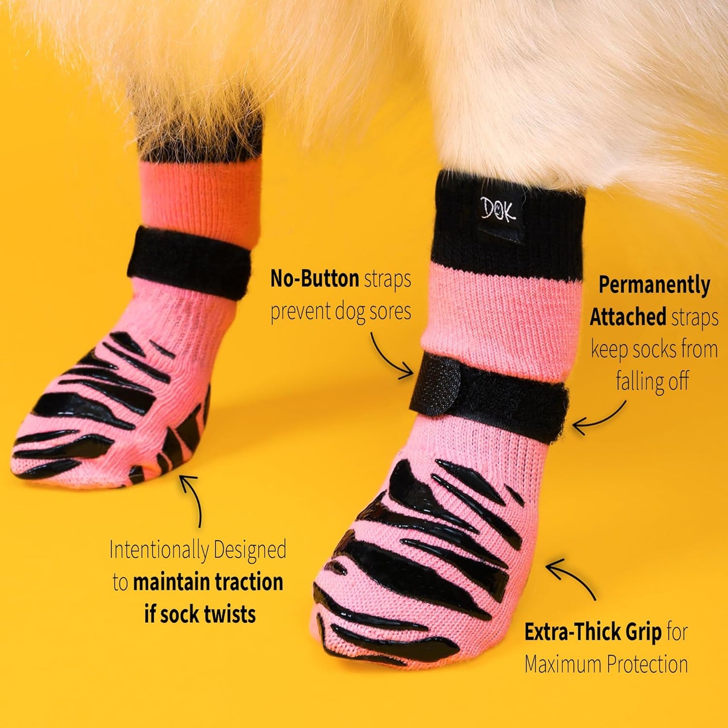 DOK TigerToes Premium Non-Slip Dog Socks for Hardwood Floors - Extra-Thick Grip That Works Even When Twisted - Prevents Licking, Slipping, and Great for Dog Paw Protection (XXS, Sassy Pink)